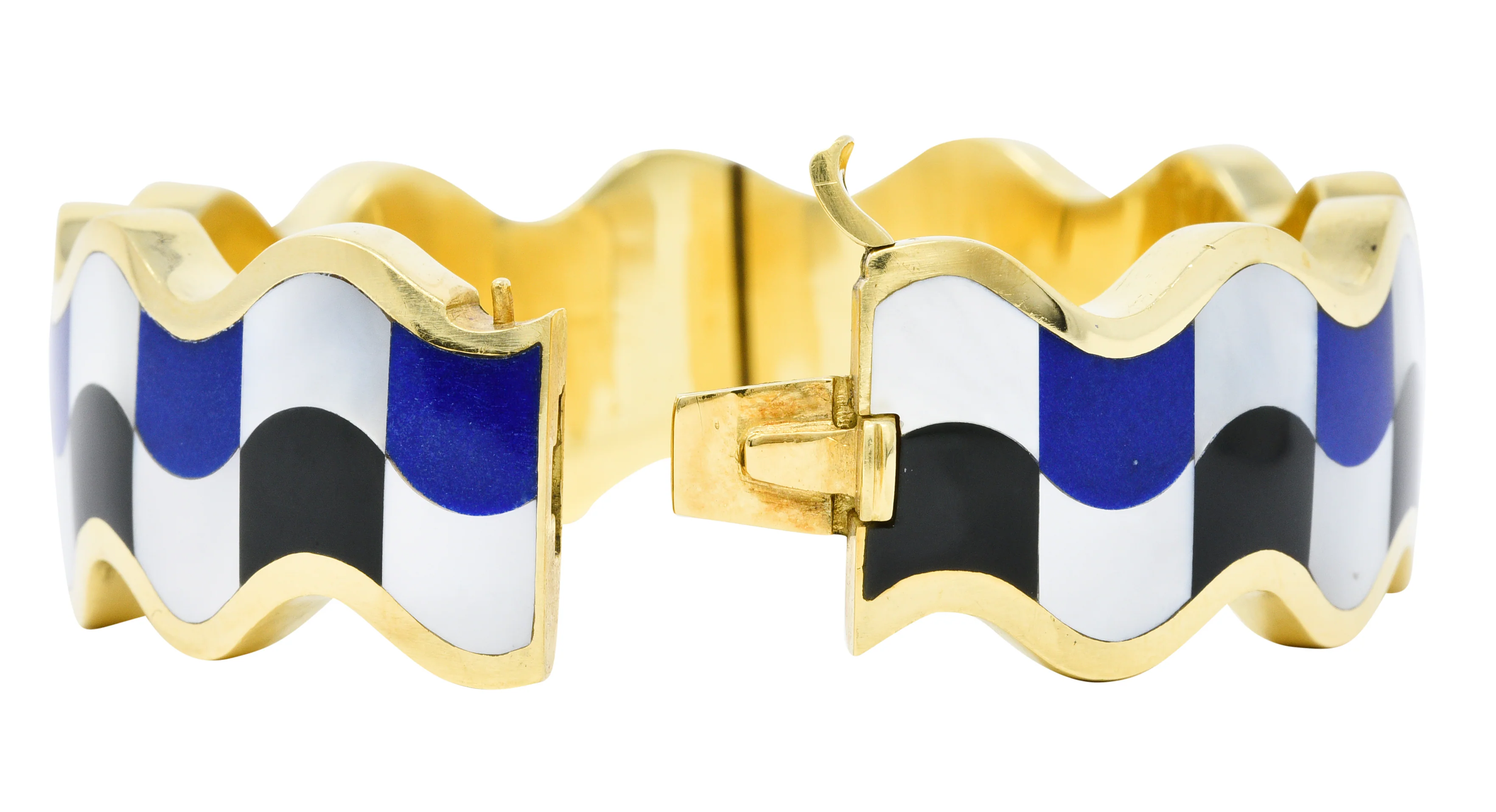 Angela Cummings Tiffany & Co. Inlaid Onyx Lapis Mother-Of-Pearl 18 Karat Gold Wave Bangle Bracelet - Image 6