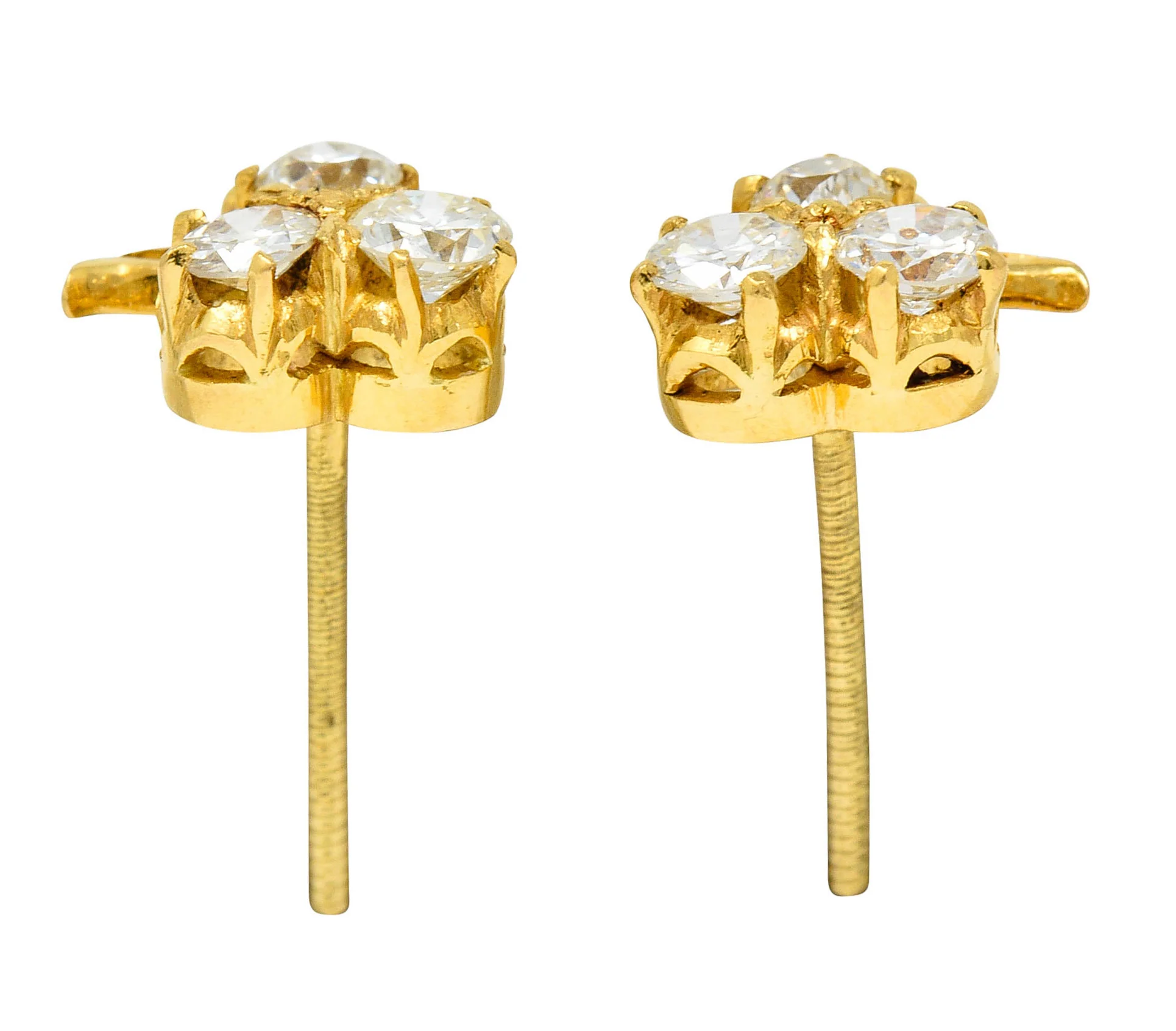 Antique 1.00 CTW Diamond 18 Karat Gold Clover Screwback Stud Earrings - Image 5