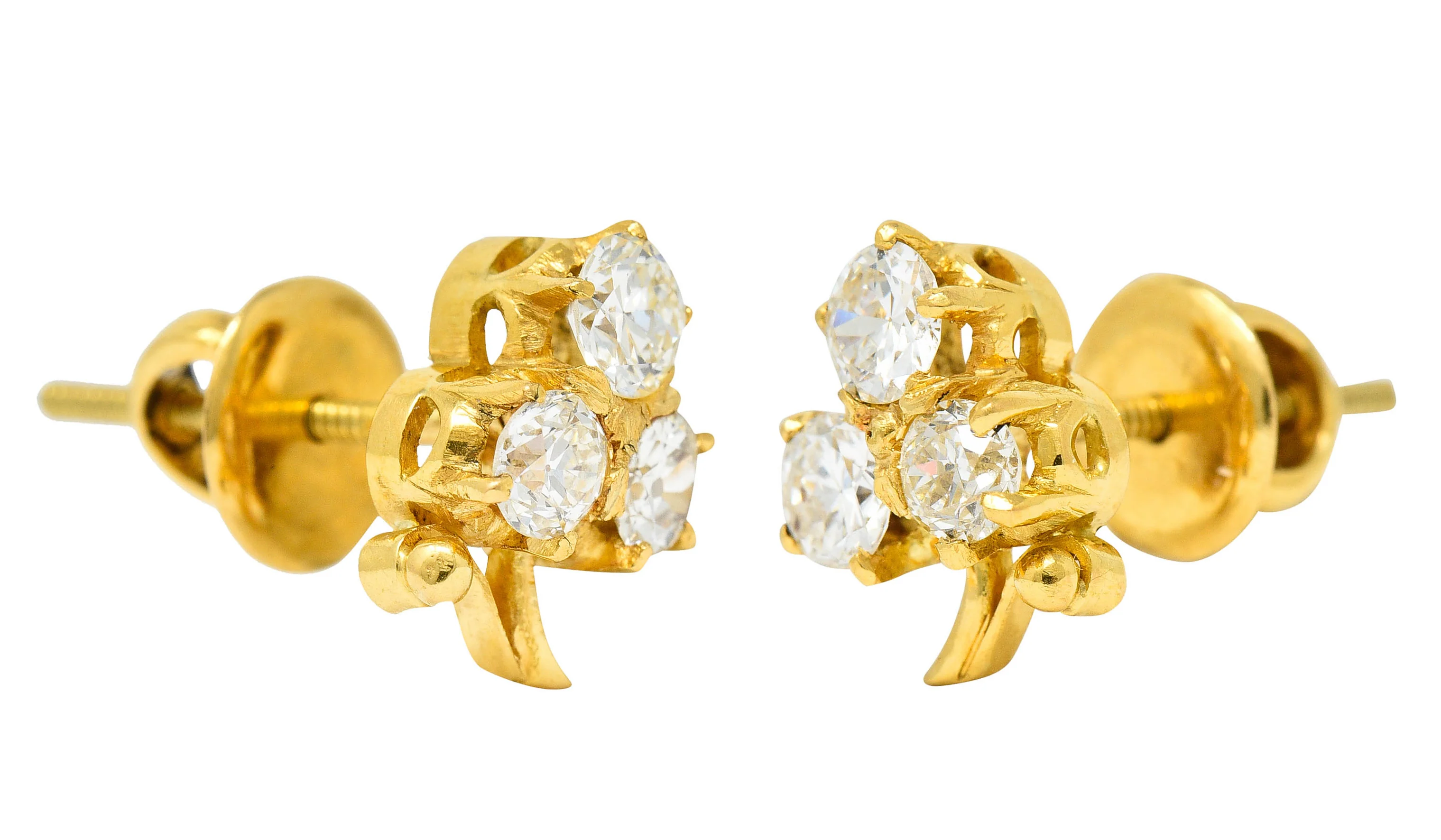 Antique 1.00 CTW Diamond 18 Karat Gold Clover Screwback Stud Earrings - Image 6