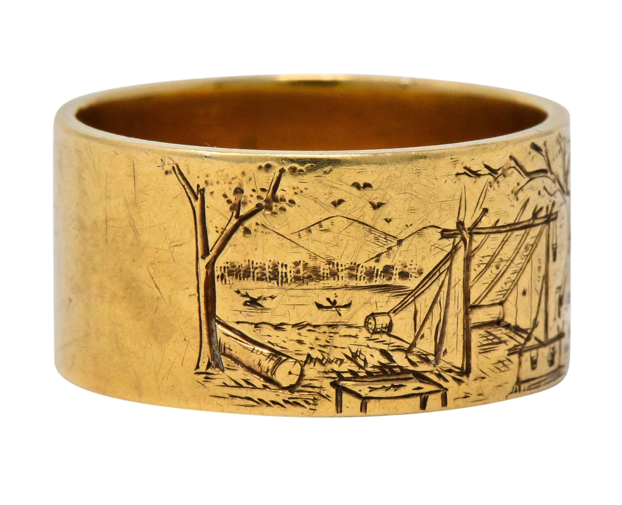Antique 14 Karat Gold Etched Scenic Band Ring - Image 2