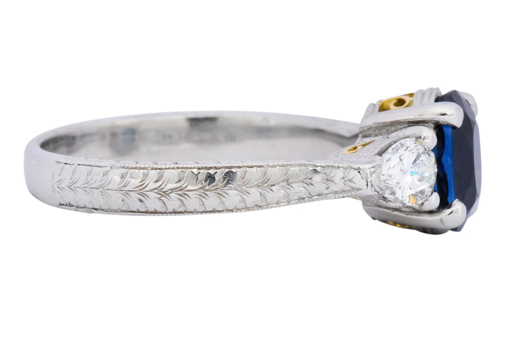 Antique 2.35 CTW Sapphire Diamond Gold Platinum Three Stone Ring - Image 3
