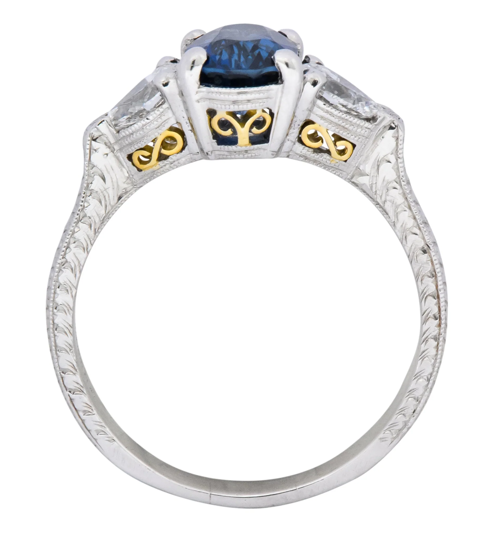 Antique 2.35 CTW Sapphire Diamond Gold Platinum Three Stone Ring - Image 7