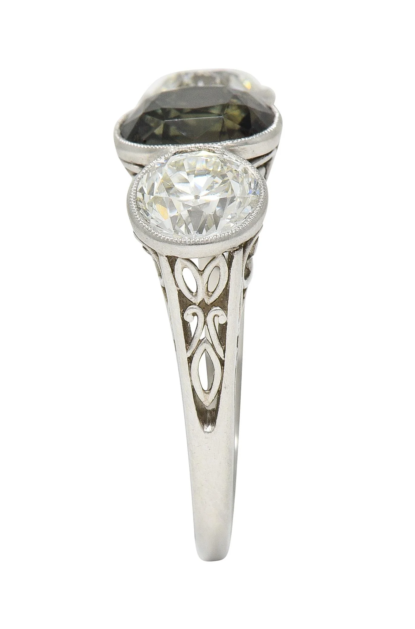 Antique 3.30 CTW Color-Change Ceylon Alexandrite Diamond Platinum Scrolling Three Stone Ring GIA - Image 10