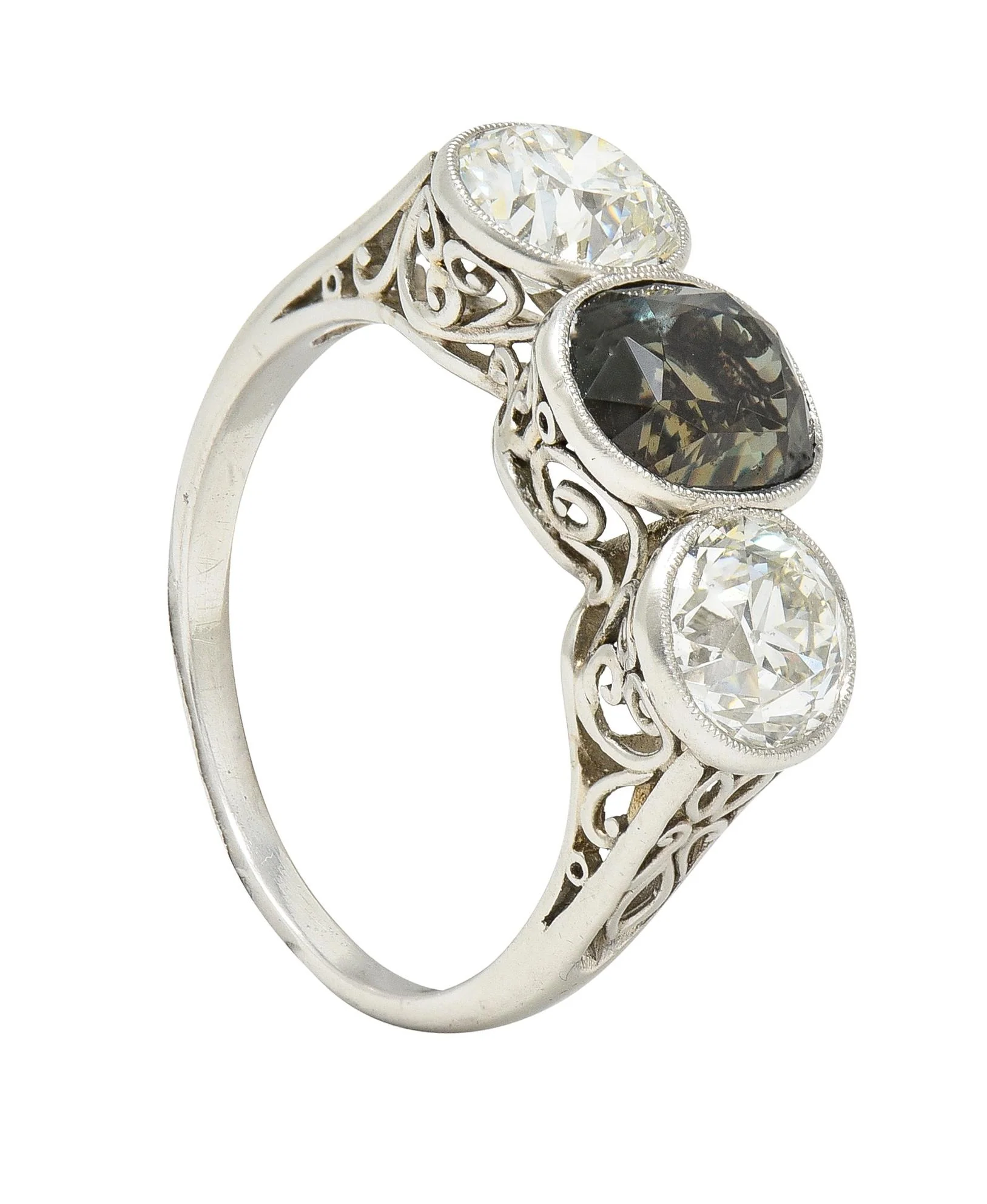 Antique 3.30 CTW Color-Change Ceylon Alexandrite Diamond Platinum Scrolling Three Stone Ring GIA - Image 11