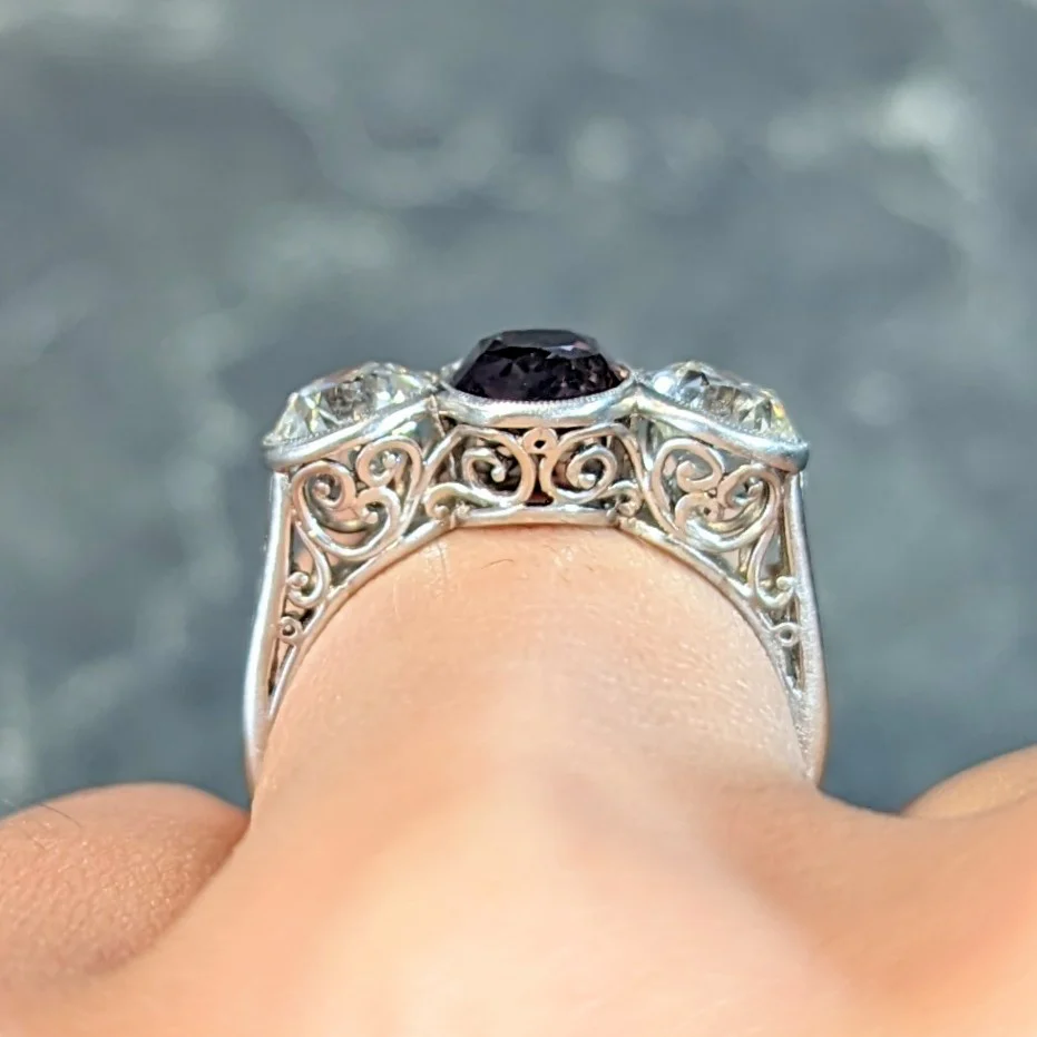 Antique 3.30 CTW Color-Change Ceylon Alexandrite Diamond Platinum Scrolling Three Stone Ring GIA - Image 14