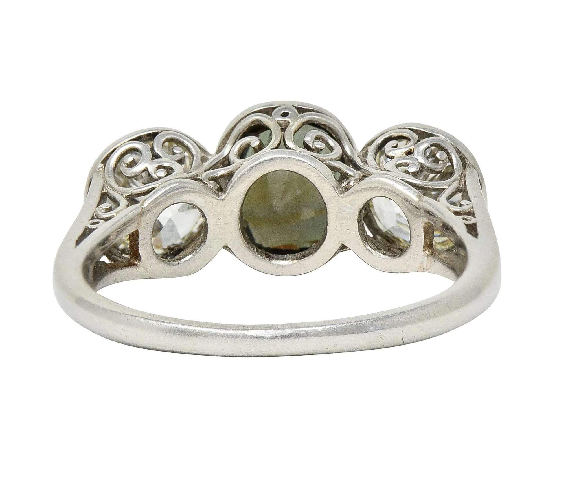 Antique 3.30 CTW Color-Change Ceylon Alexandrite Diamond Platinum Scrolling Three Stone Ring GIA - Image 5