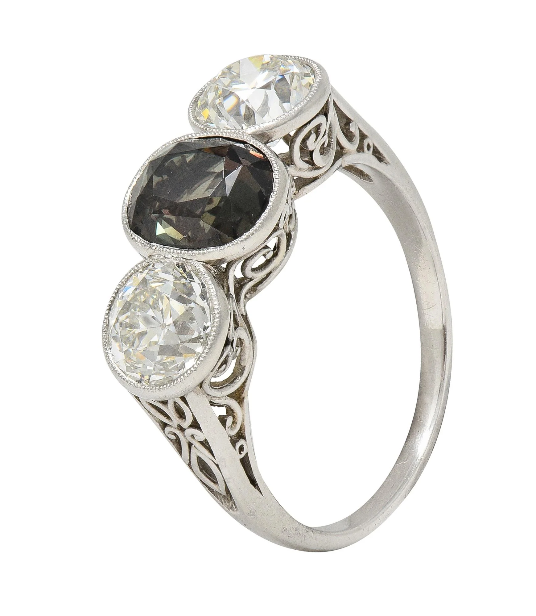 Antique 3.30 CTW Color-Change Ceylon Alexandrite Diamond Platinum Scrolling Three Stone Ring GIA - Image 8