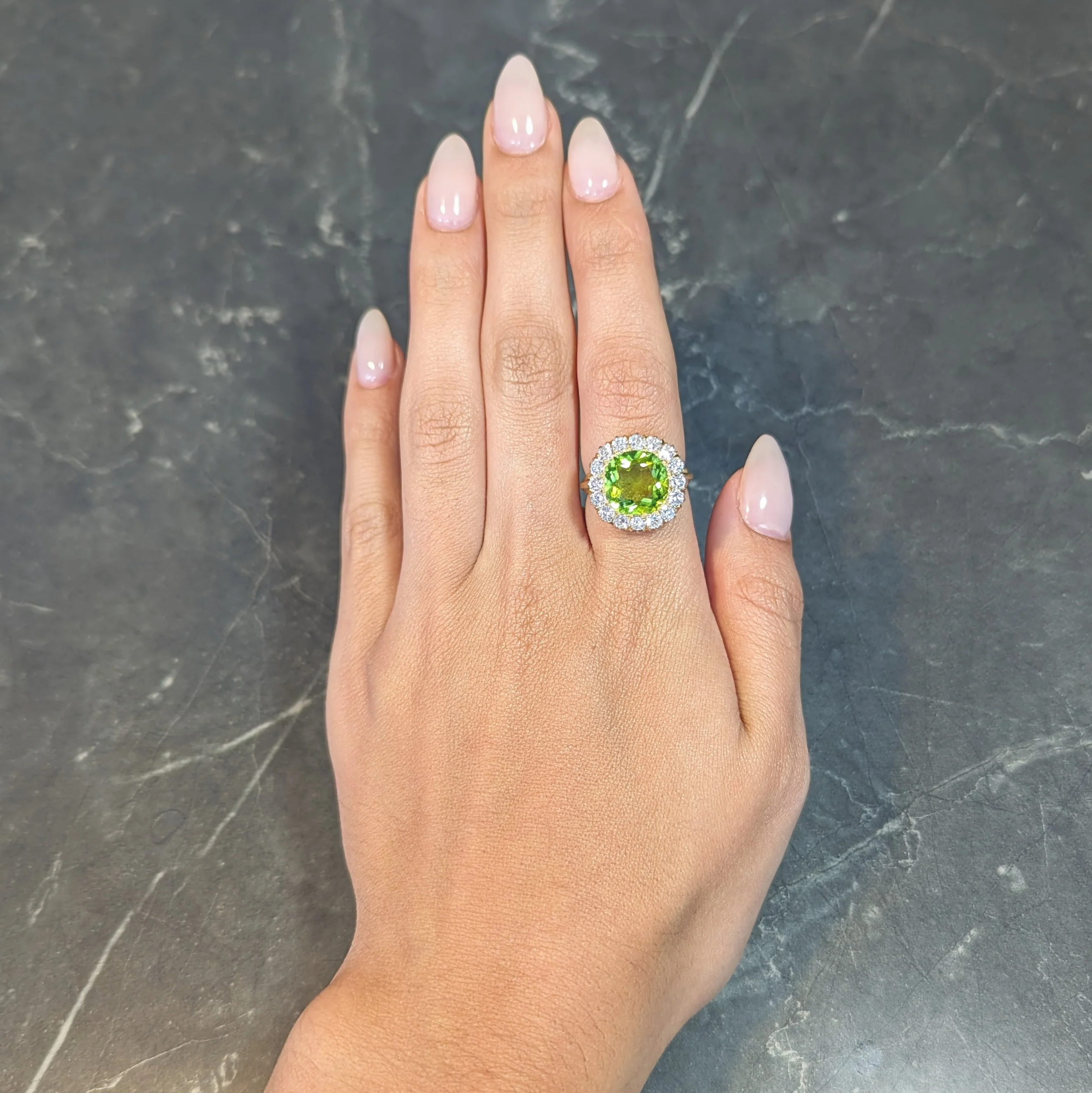 Antique 6.78 CTW Peridot Diamond 18 Karat Yellow Gold Halo Ring - Image 10
