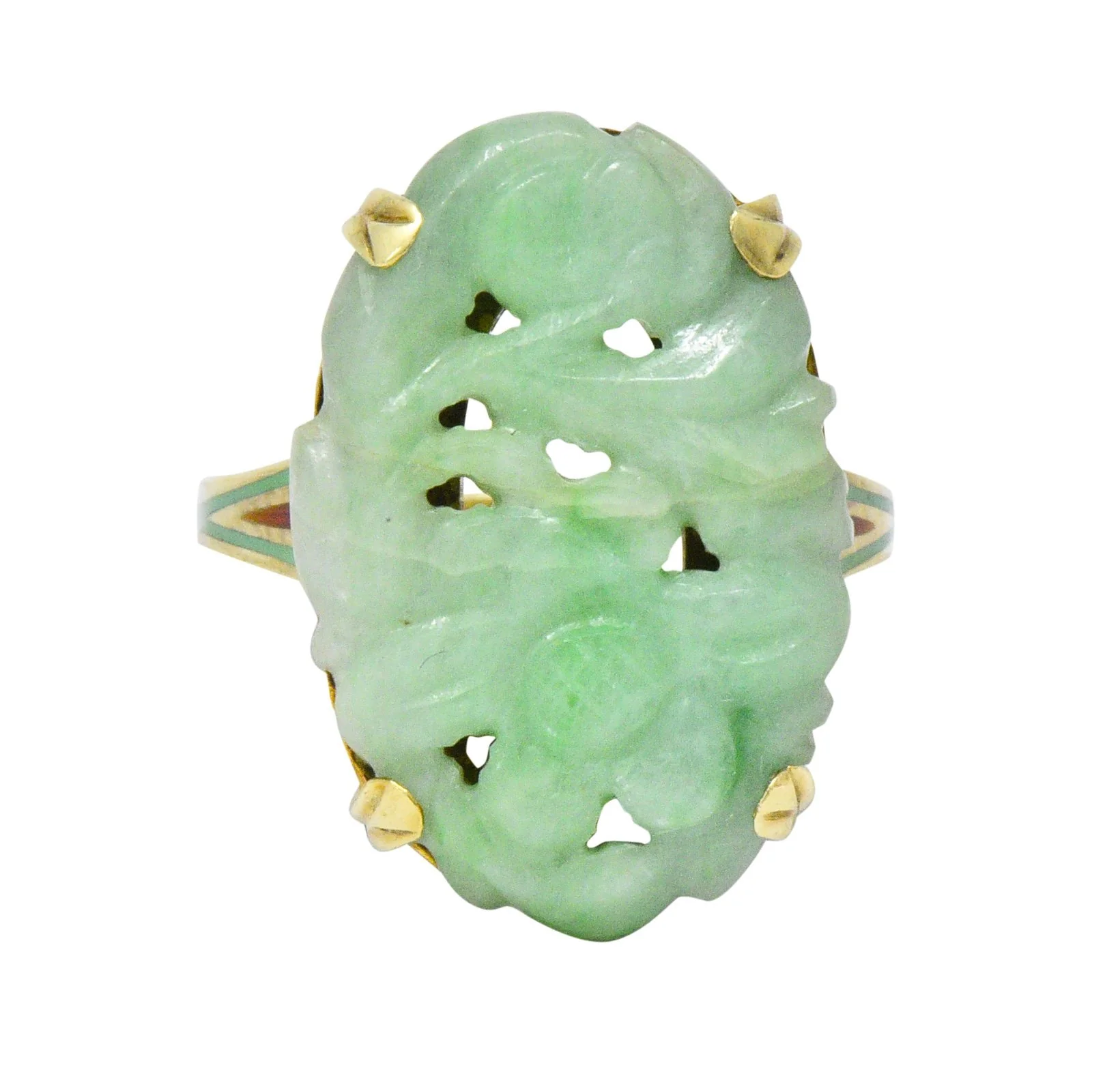 Antique Art Nouveau Carved Jade Enamel 14 Karat Gold Floral Ring - Image 2