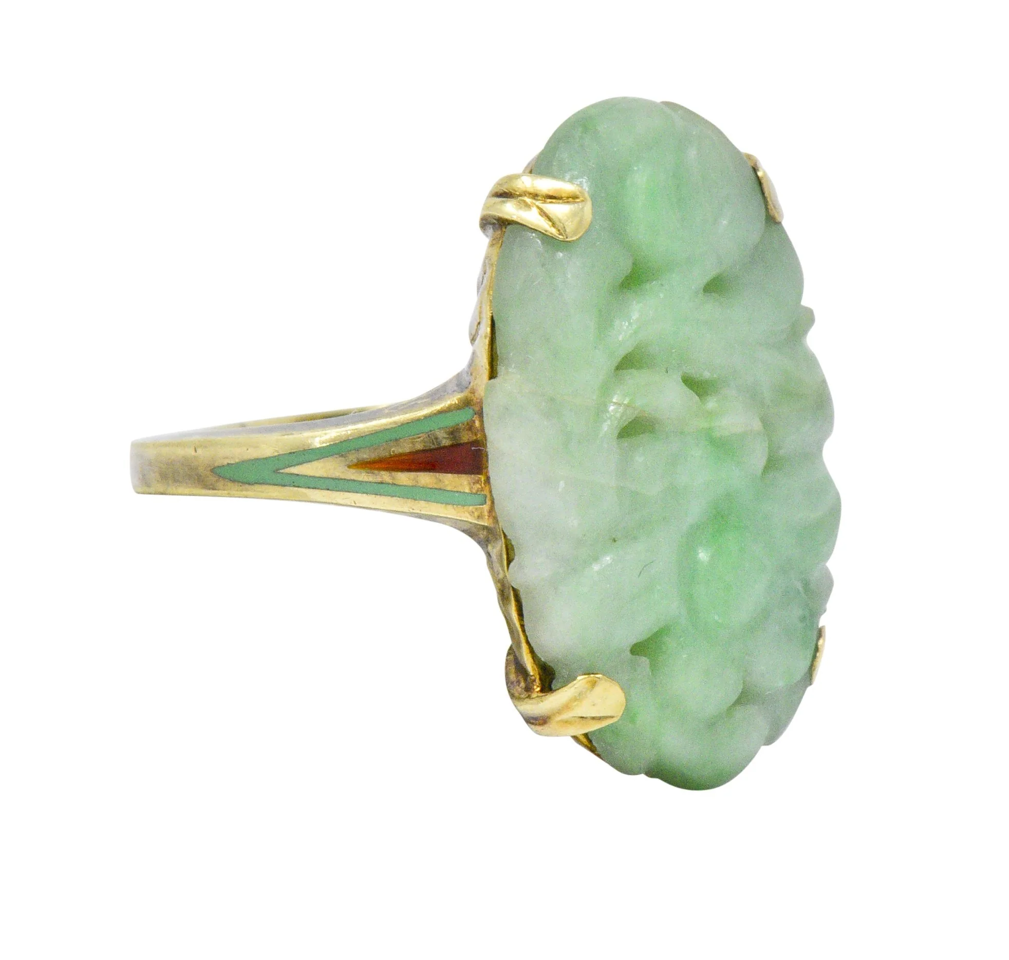 Antique Art Nouveau Carved Jade Enamel 14 Karat Gold Floral Ring - Image 3
