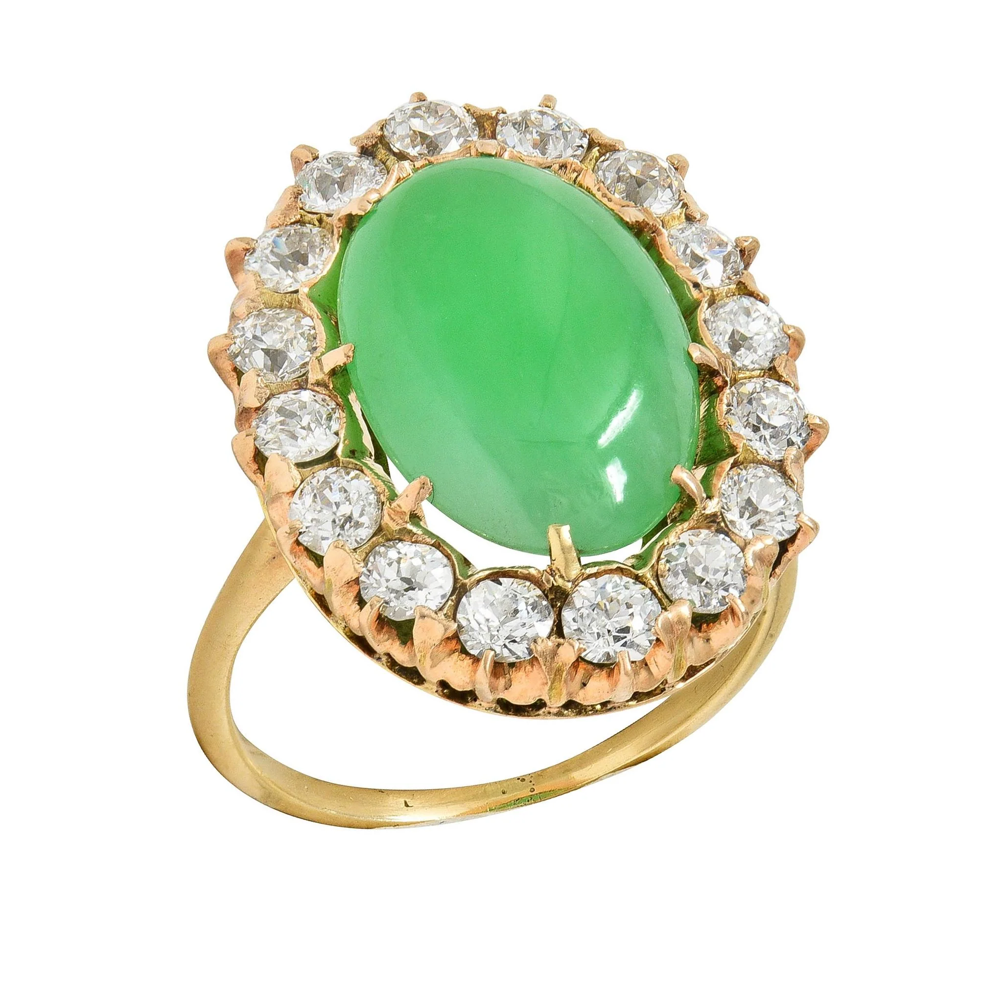 Antique Jadeite Jade 1.60 CTW Diamond 14 Karat Yellow Gold Halo Ring GIA - Image 10