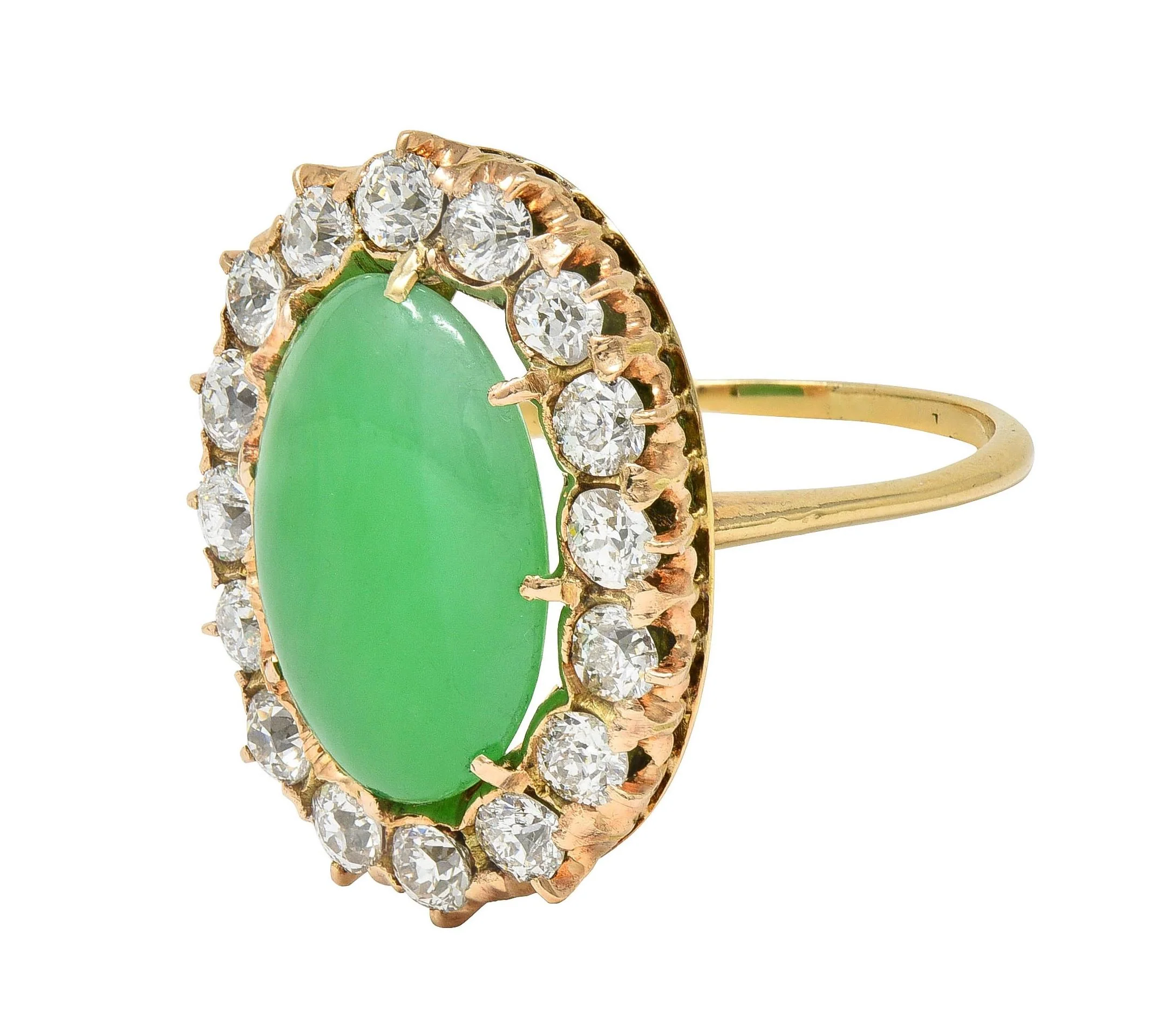 Antique Jadeite Jade 1.60 CTW Diamond 14 Karat Yellow Gold Halo Ring GIA - Image 6