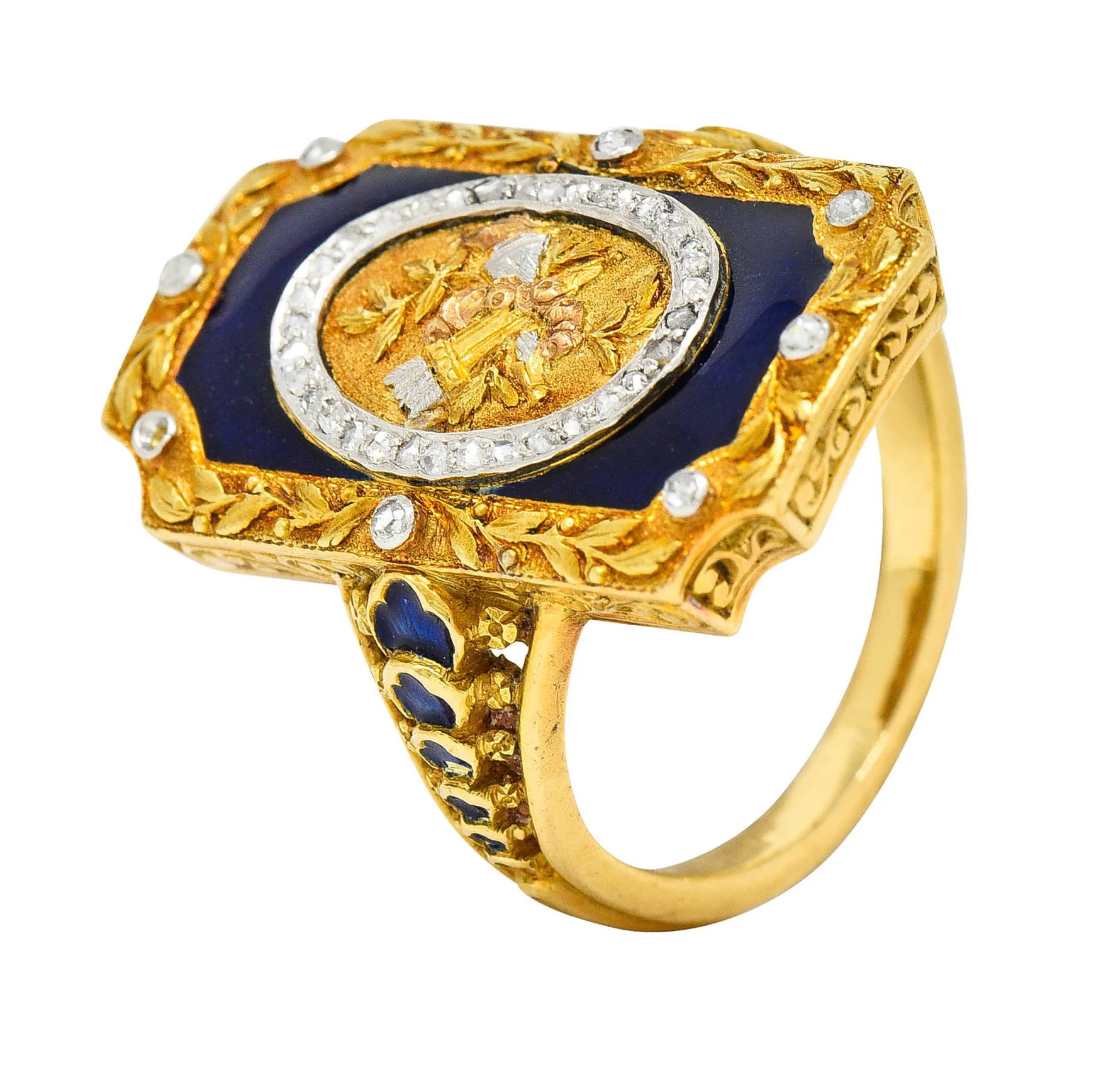 Antique Neoclassical Diamond Enamel Platinum-Topped 18 Karat Tri-Colored Gold Cupid Ring - Image 10