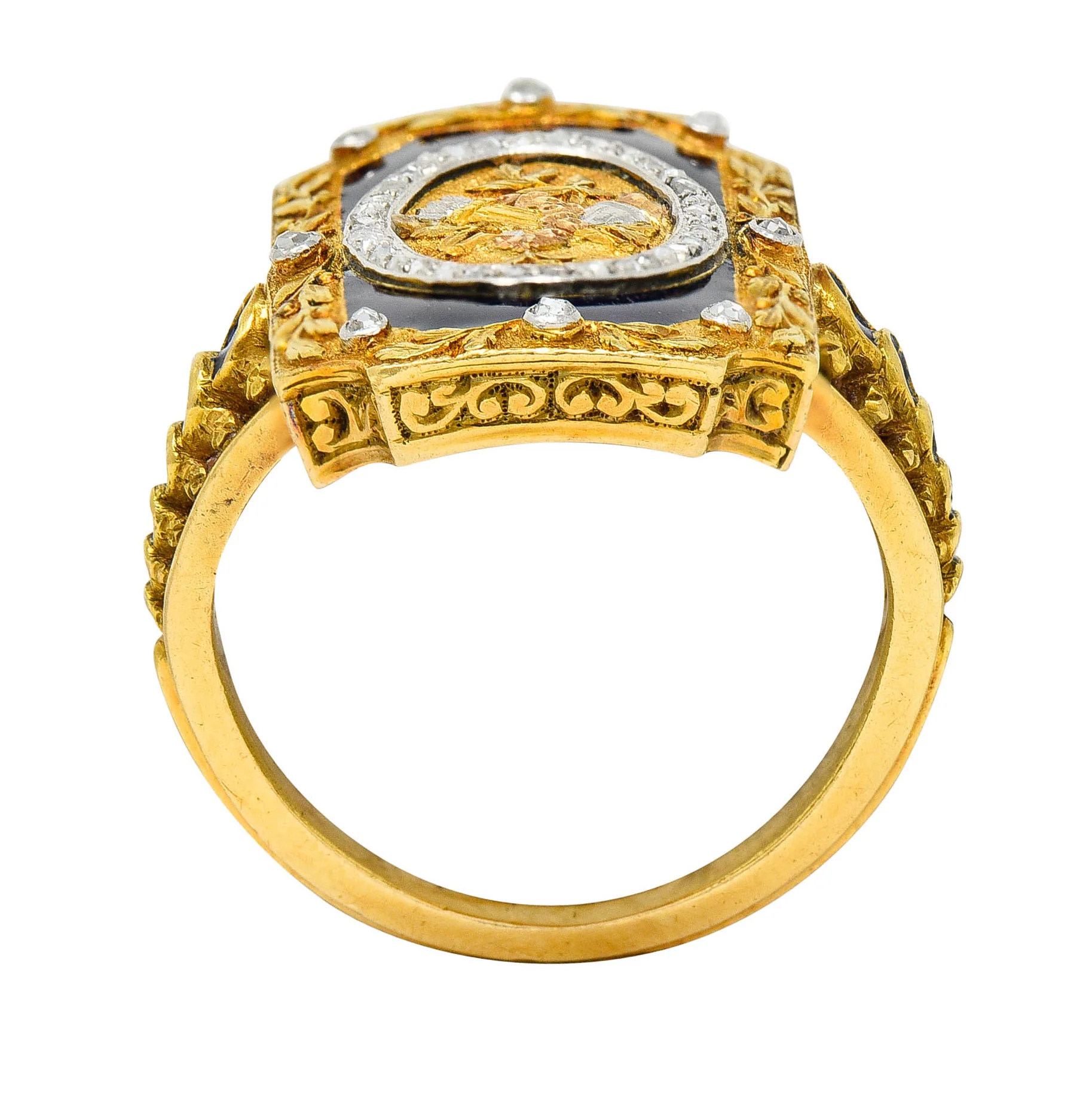 Antique Neoclassical Diamond Enamel Platinum-Topped 18 Karat Tri-Colored Gold Cupid Ring - Image 8