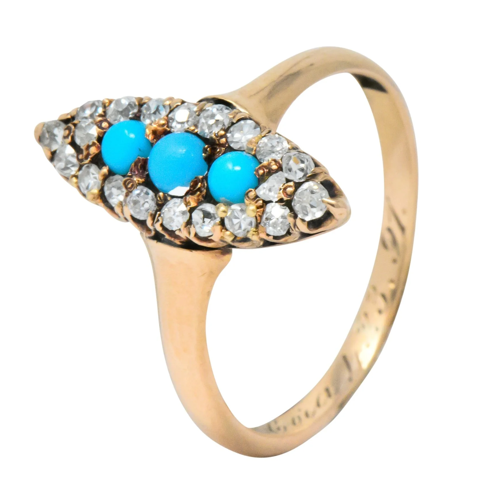 Antique Victorian 0.30 CTW Diamond Turquoise 14 Karat Gold Navette Ring - Image 4