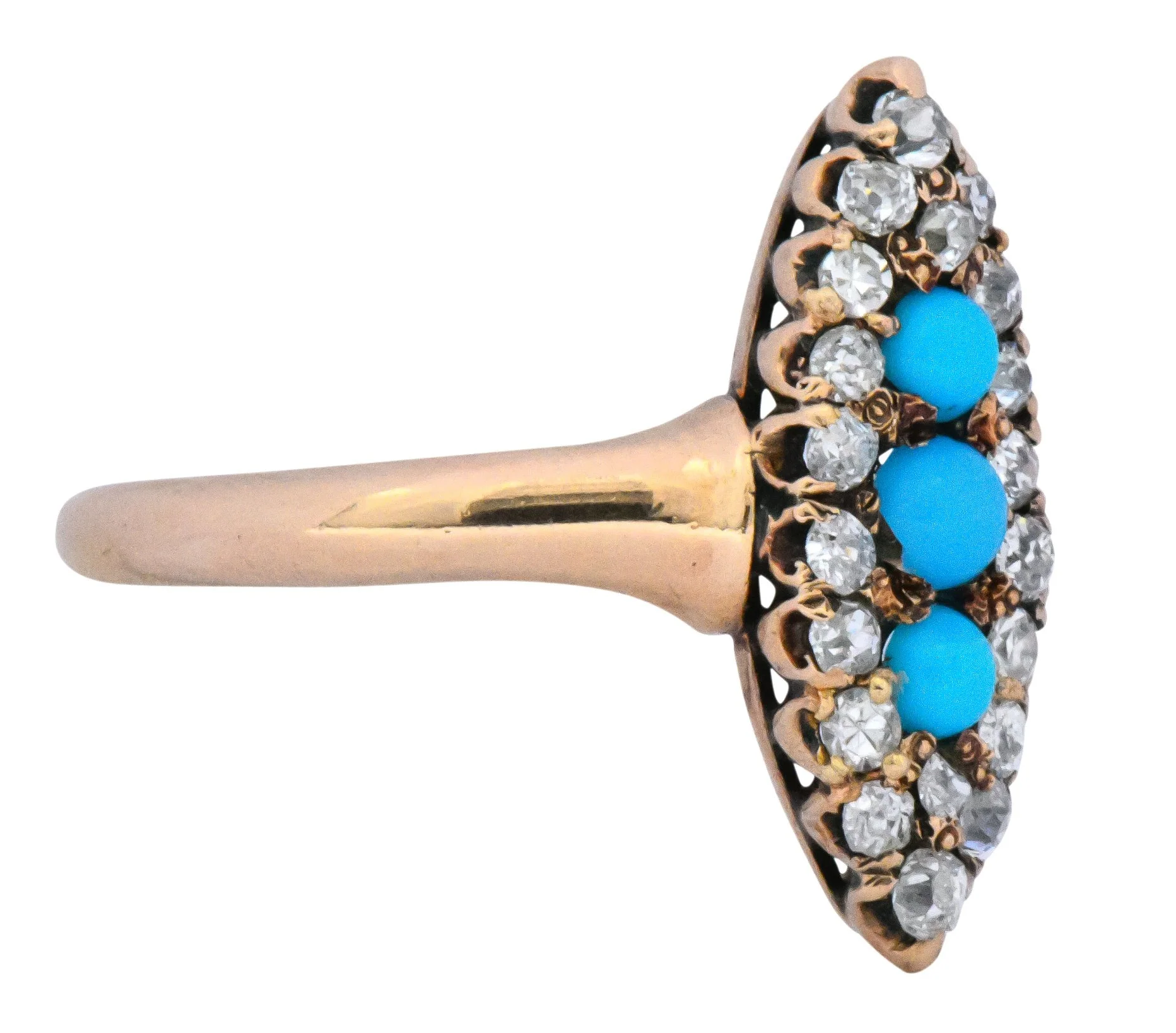 Antique Victorian 0.30 CTW Diamond Turquoise 14 Karat Gold Navette Ring - Image 5