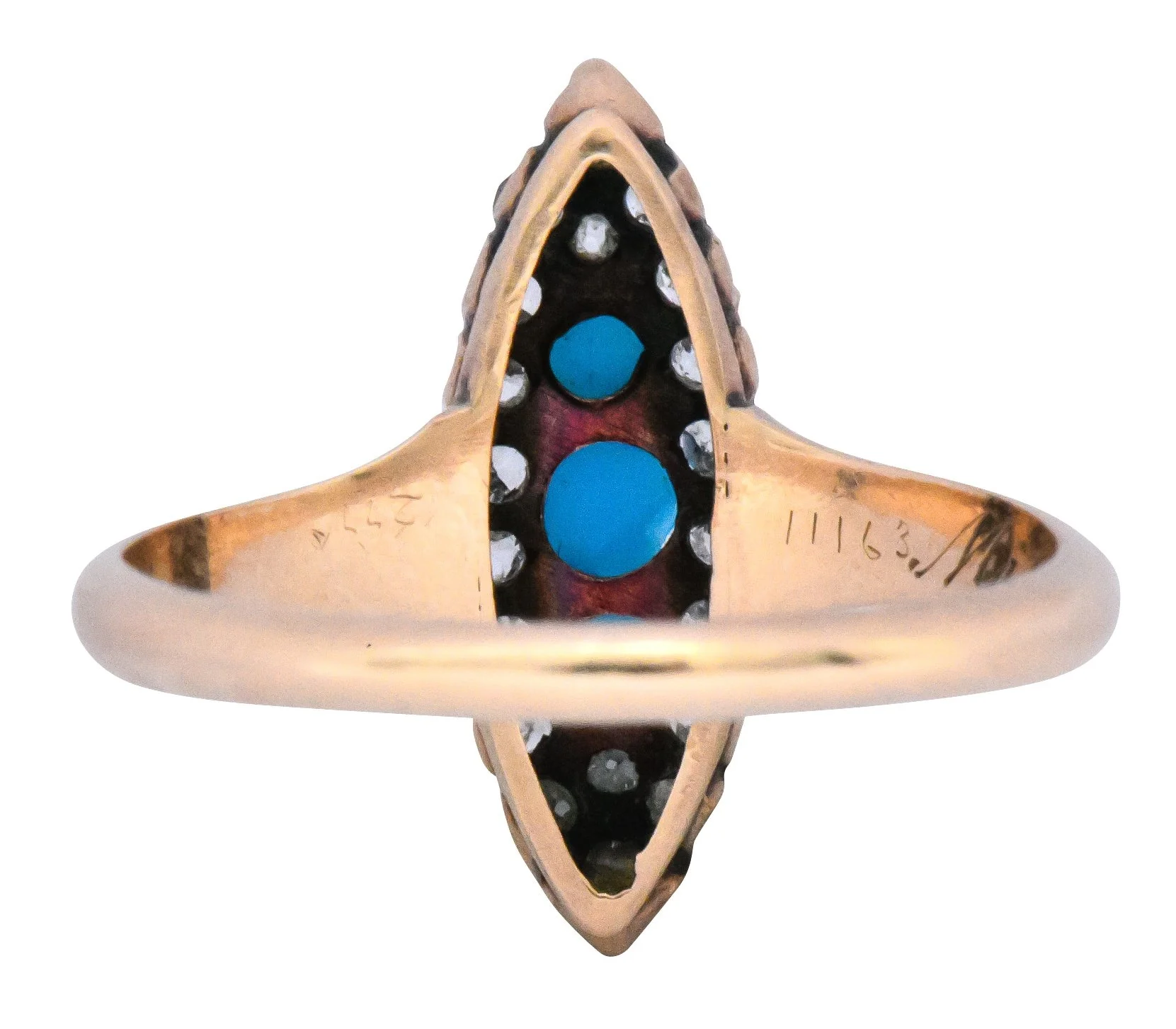 Antique Victorian 0.30 CTW Diamond Turquoise 14 Karat Gold Navette Ring - Image 7