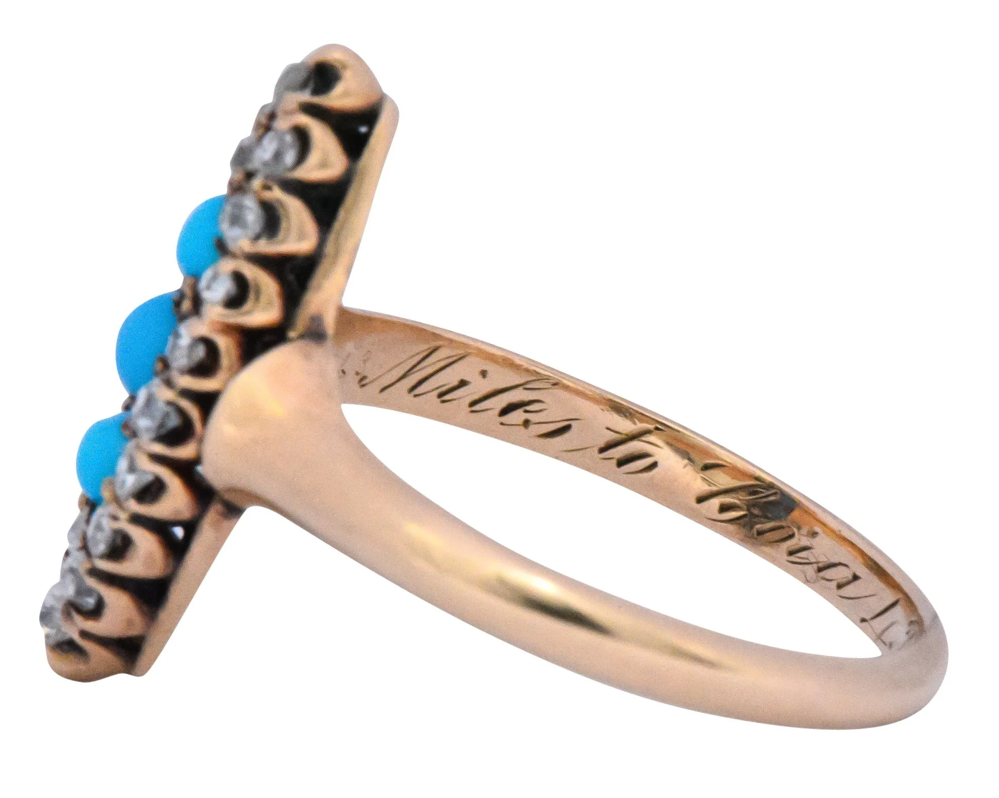 Antique Victorian 0.30 CTW Diamond Turquoise 14 Karat Gold Navette Ring - Image 9