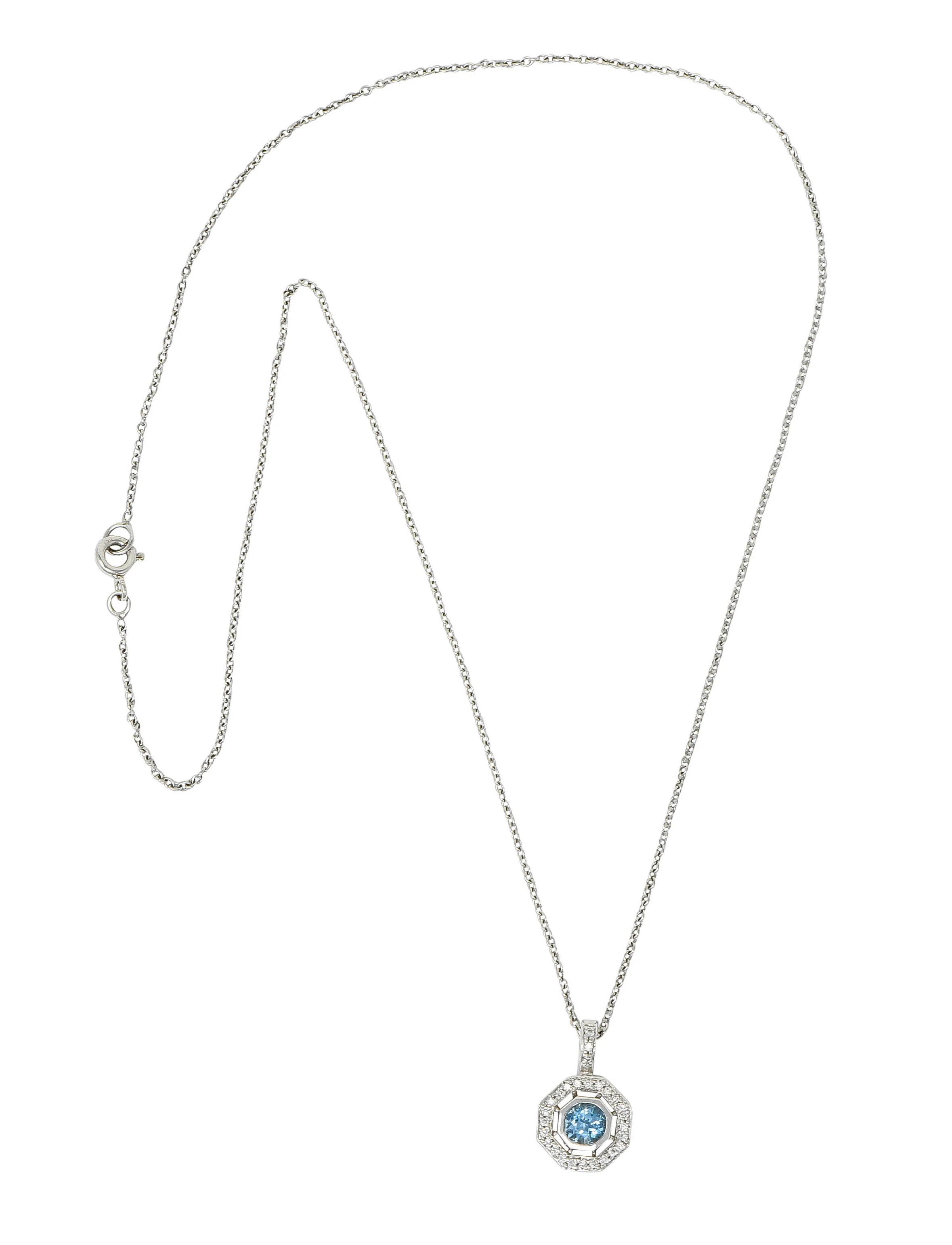Aquamarine Diamond 18 Karat White Gold Octagonal Pendant Necklace - Image 2