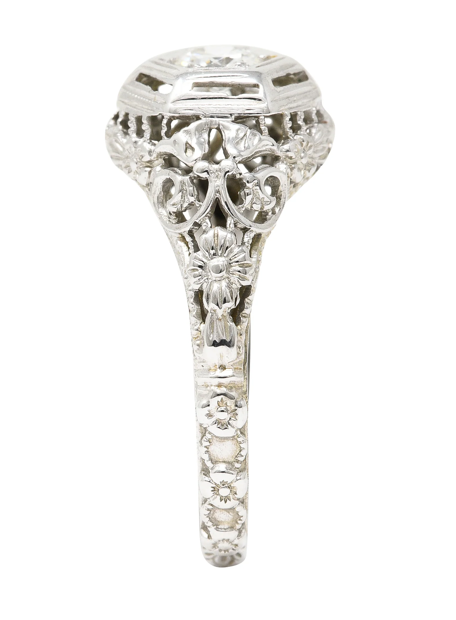 Art Deco 0.25 CTW Old European Cut Diamond 18 Karat White Gold Scrolling Orange Blossom Engagement Ring - Image 11