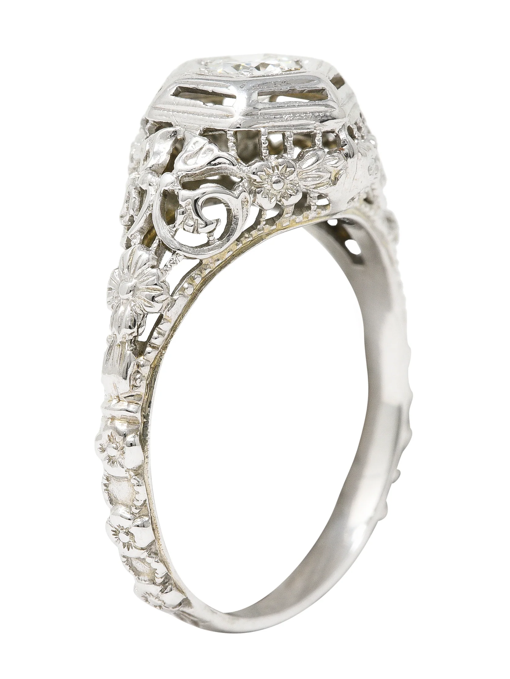 Art Deco 0.25 CTW Old European Cut Diamond 18 Karat White Gold Scrolling Orange Blossom Engagement Ring - Image 2