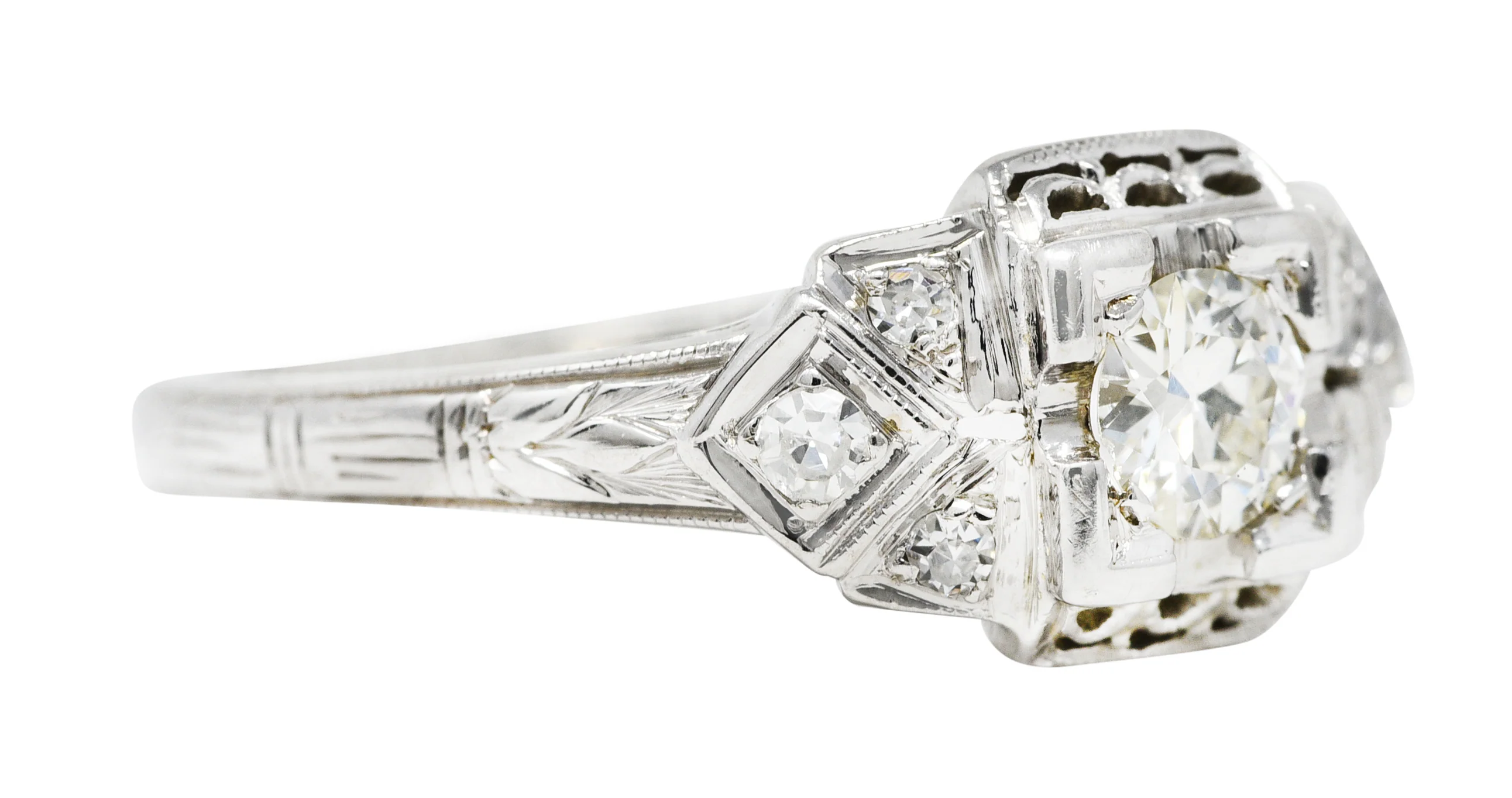 Art Deco 0.25 CTW Old European Cut Diamond 18 Karat White Gold Wheat Engagement Ring - Image 2