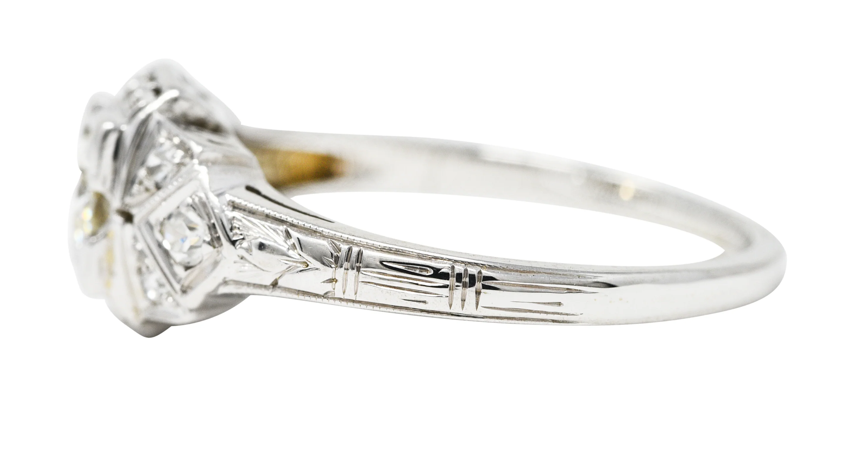 Art Deco 0.25 CTW Old European Cut Diamond 18 Karat White Gold Wheat Engagement Ring - Image 5