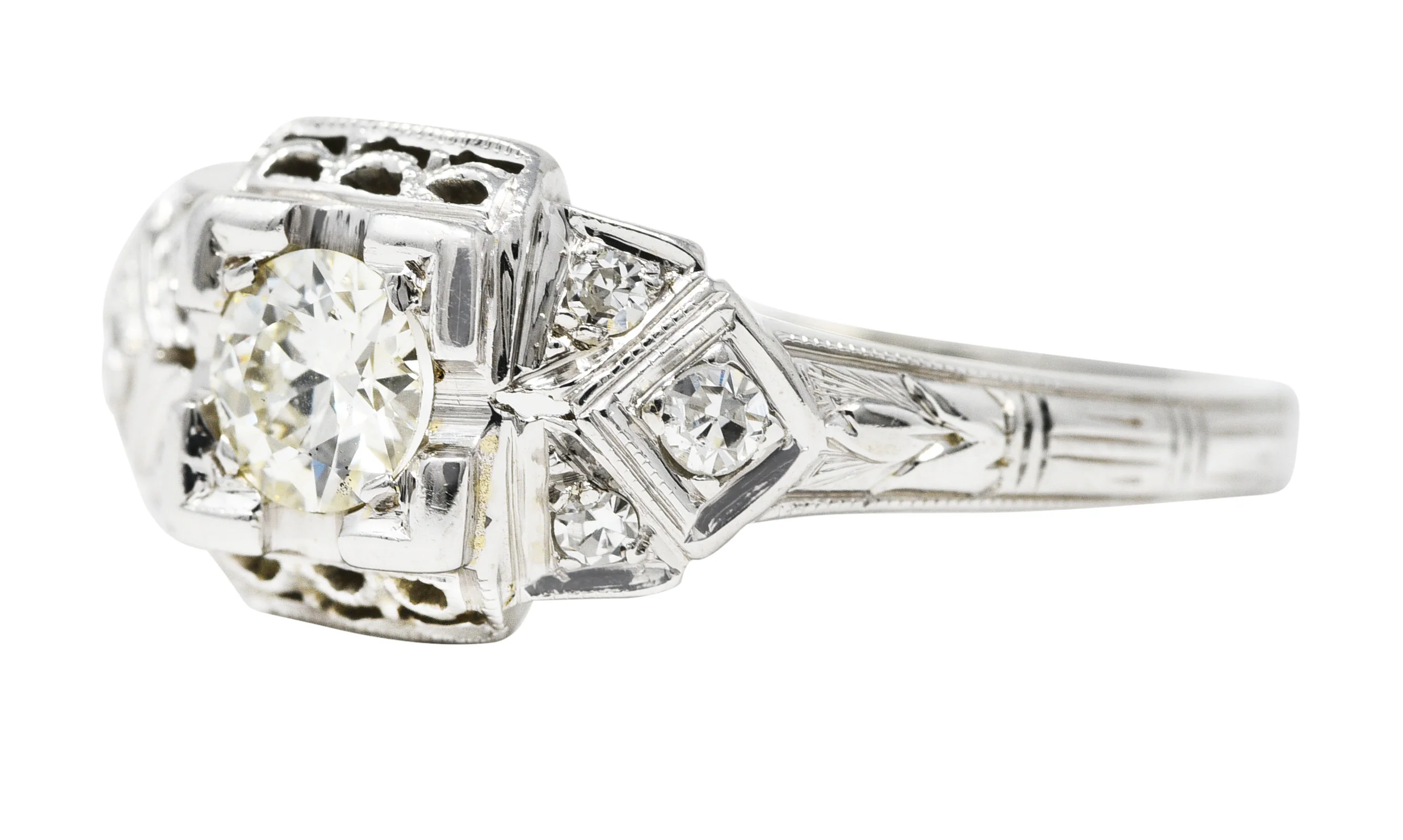 Art Deco 0.25 CTW Old European Cut Diamond 18 Karat White Gold Wheat Engagement Ring - Image 7