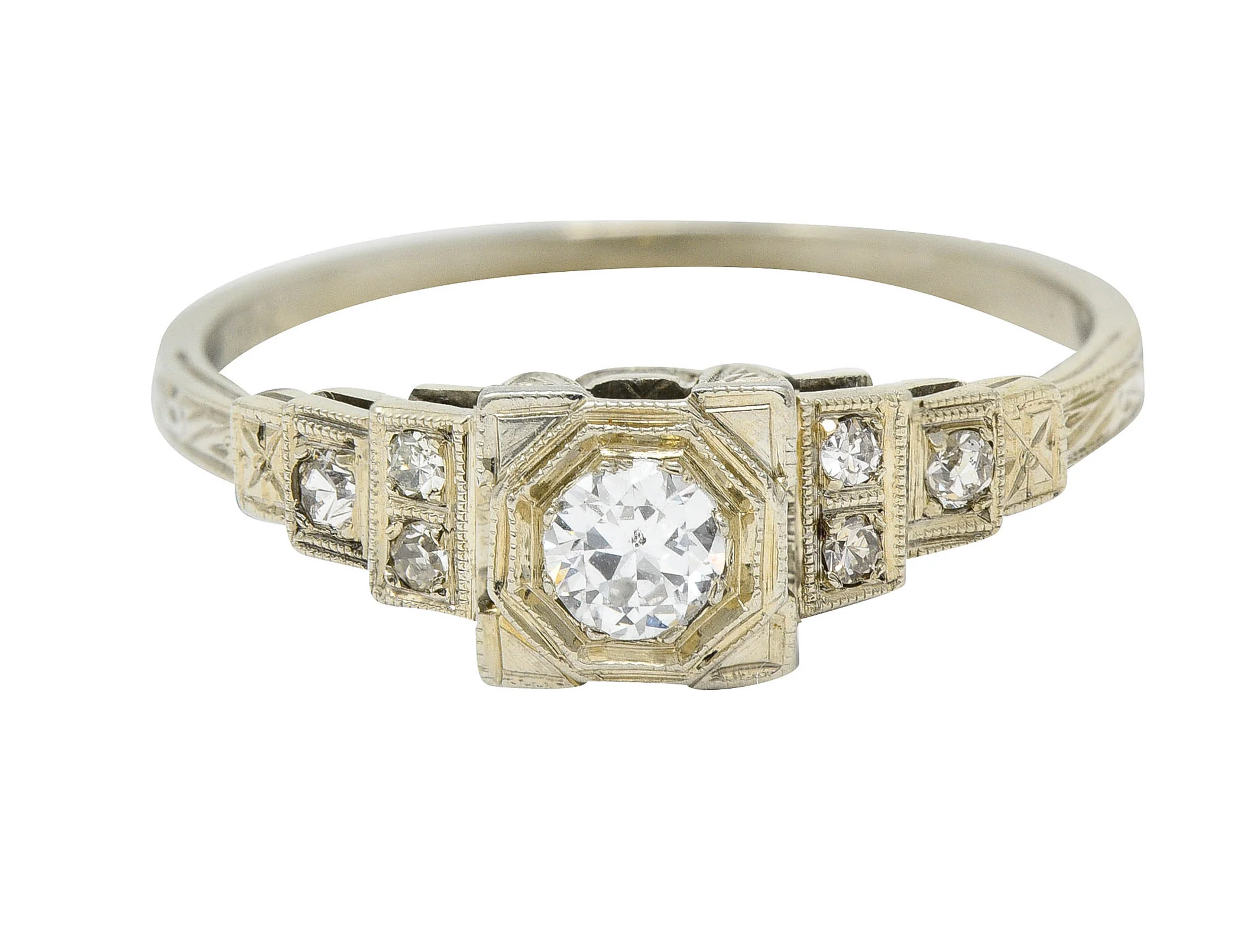 Art Deco 0.27 CTW Diamond 18 Karat White Gold Octagonal Step Engagement Ring