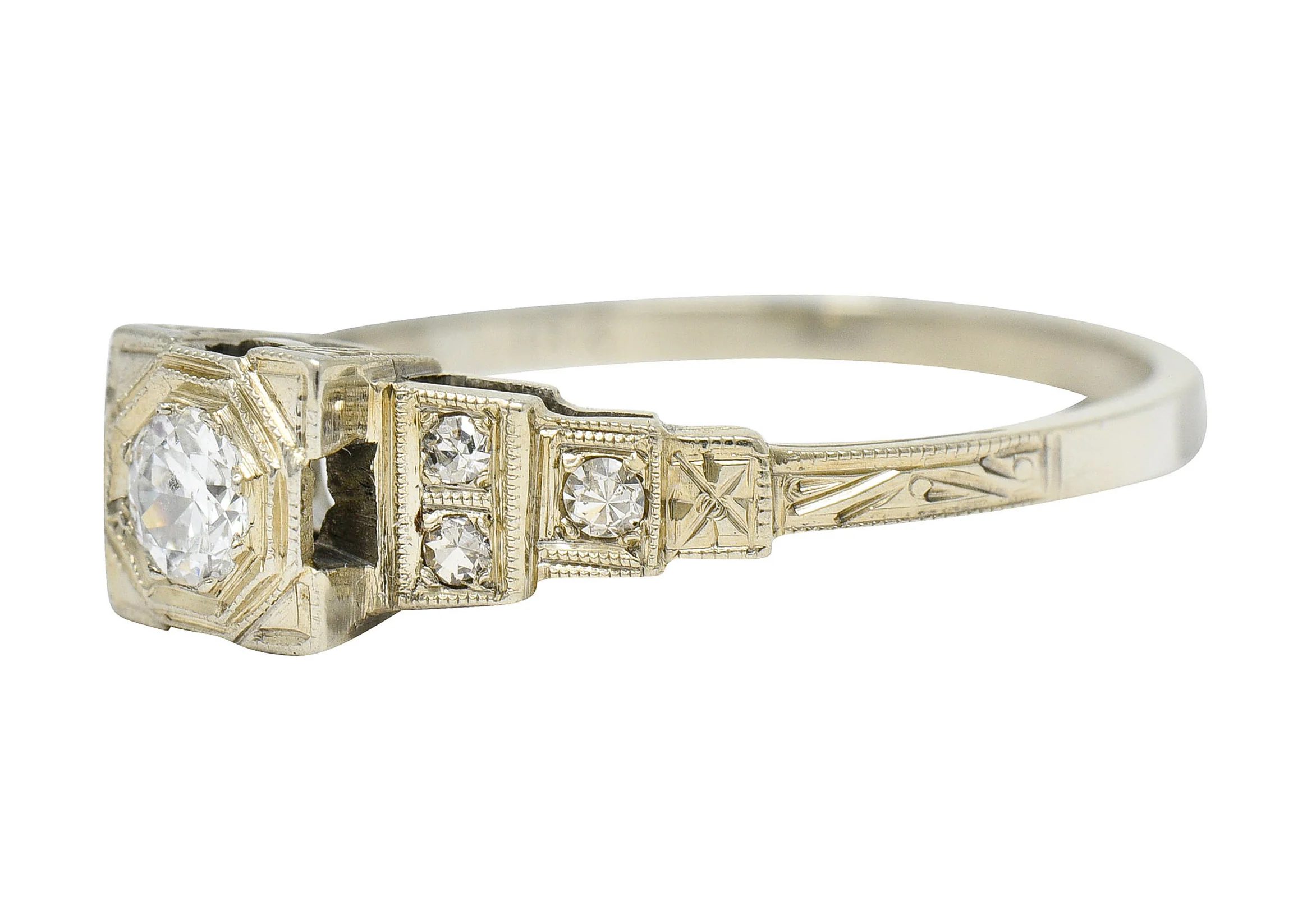 Art Deco 0.27 CTW Diamond 18 Karat White Gold Octagonal Step Engagement Ring - Image 6