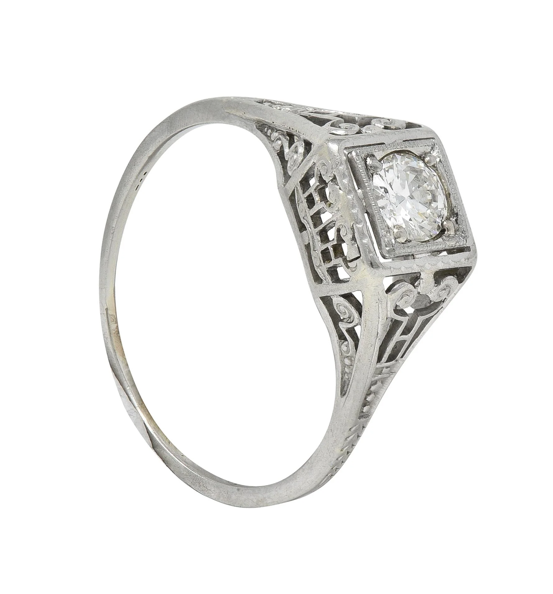 Art Deco 0.29 CTW Old European Diamond 14 Karat White Gold Column Engagement Ring - Image 10