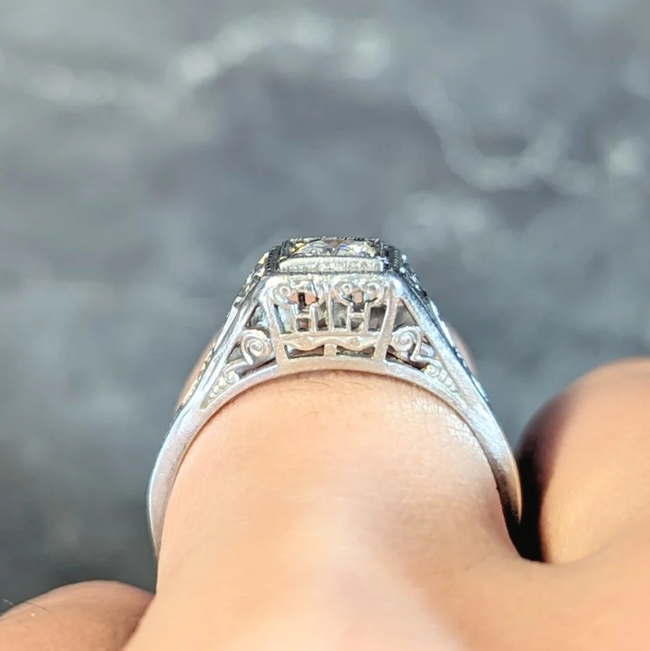 Art Deco 0.29 CTW Old European Diamond 14 Karat White Gold Column Engagement Ring - Image 12