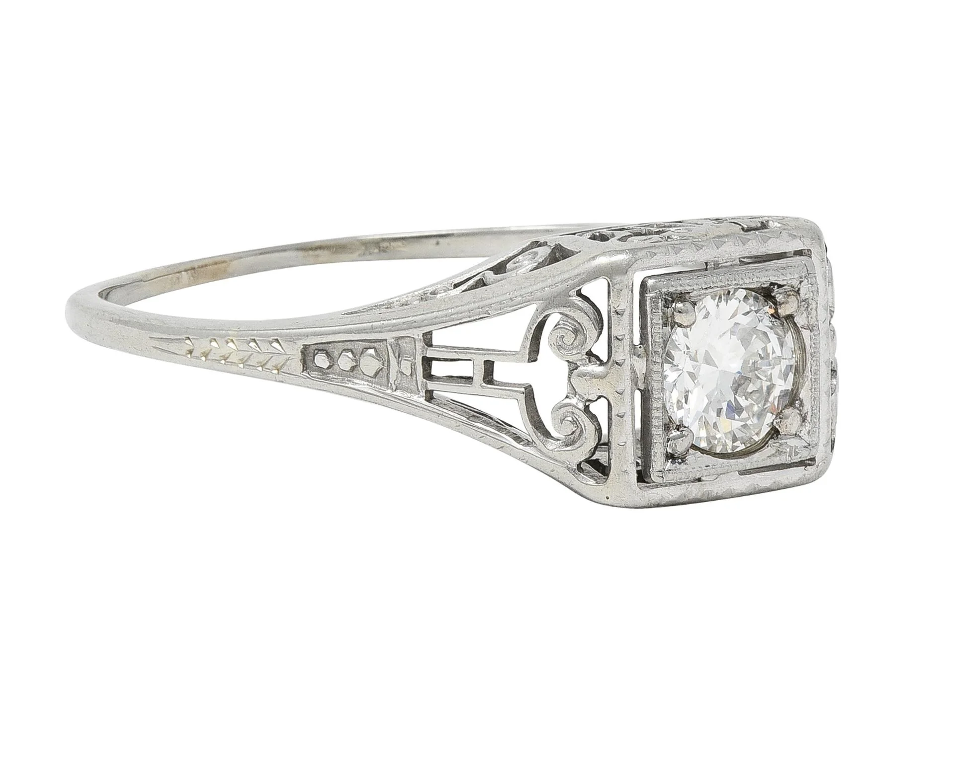 Art Deco 0.29 CTW Old European Diamond 14 Karat White Gold Column Engagement Ring - Image 3