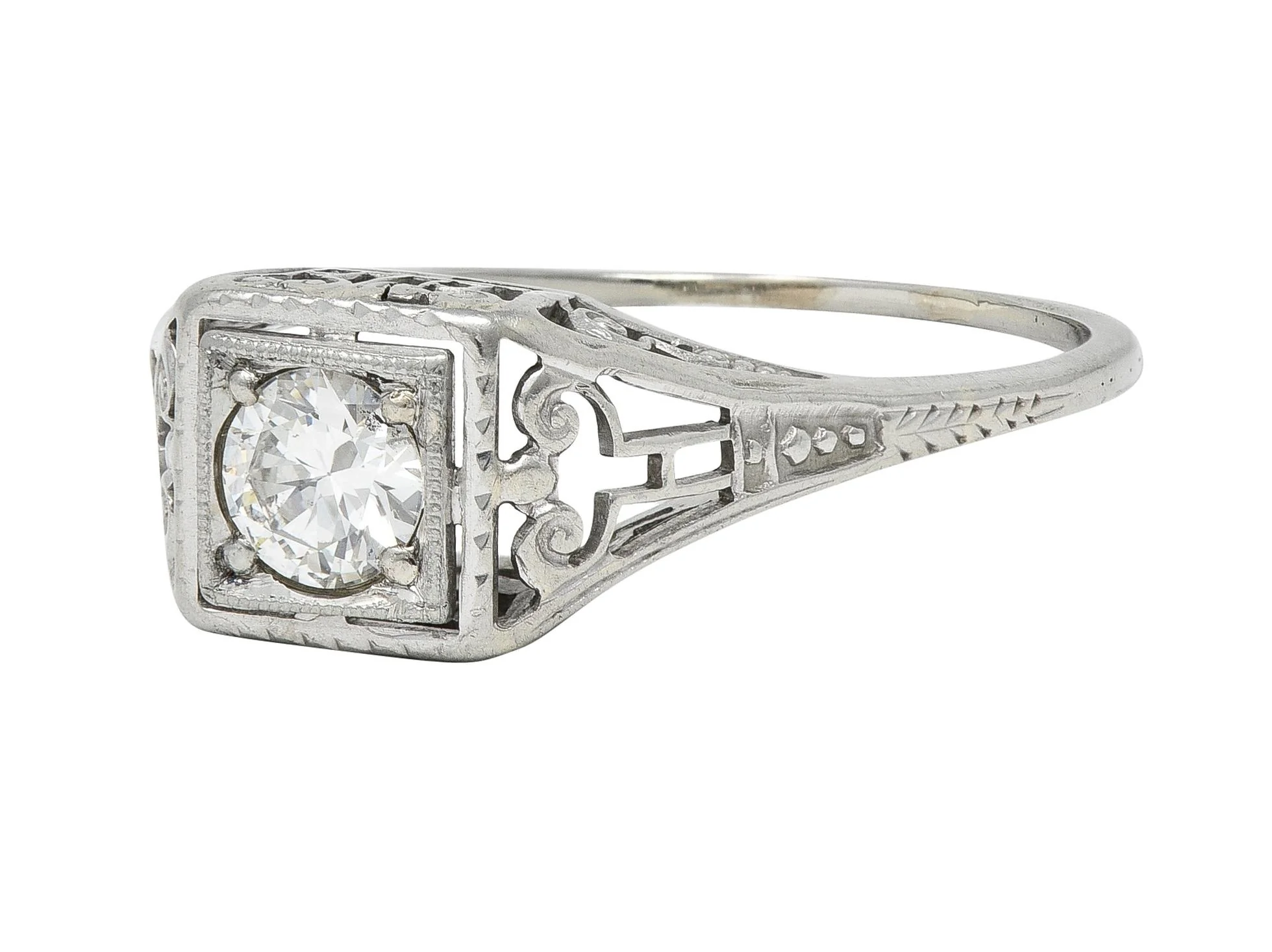 Art Deco 0.29 CTW Old European Diamond 14 Karat White Gold Column Engagement Ring - Image 7