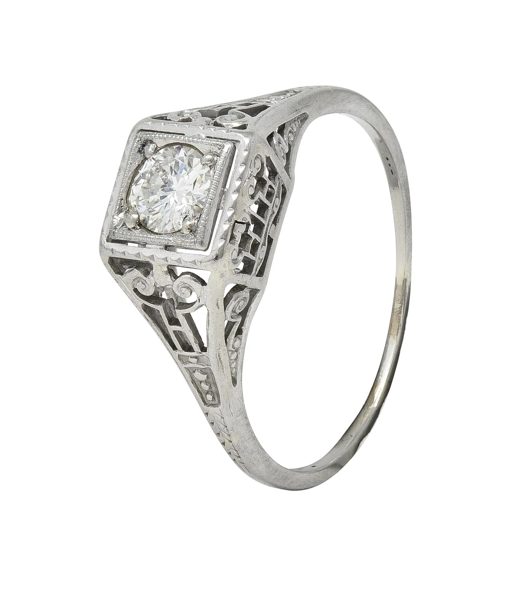 Art Deco 0.29 CTW Old European Diamond 14 Karat White Gold Column Engagement Ring - Image 8