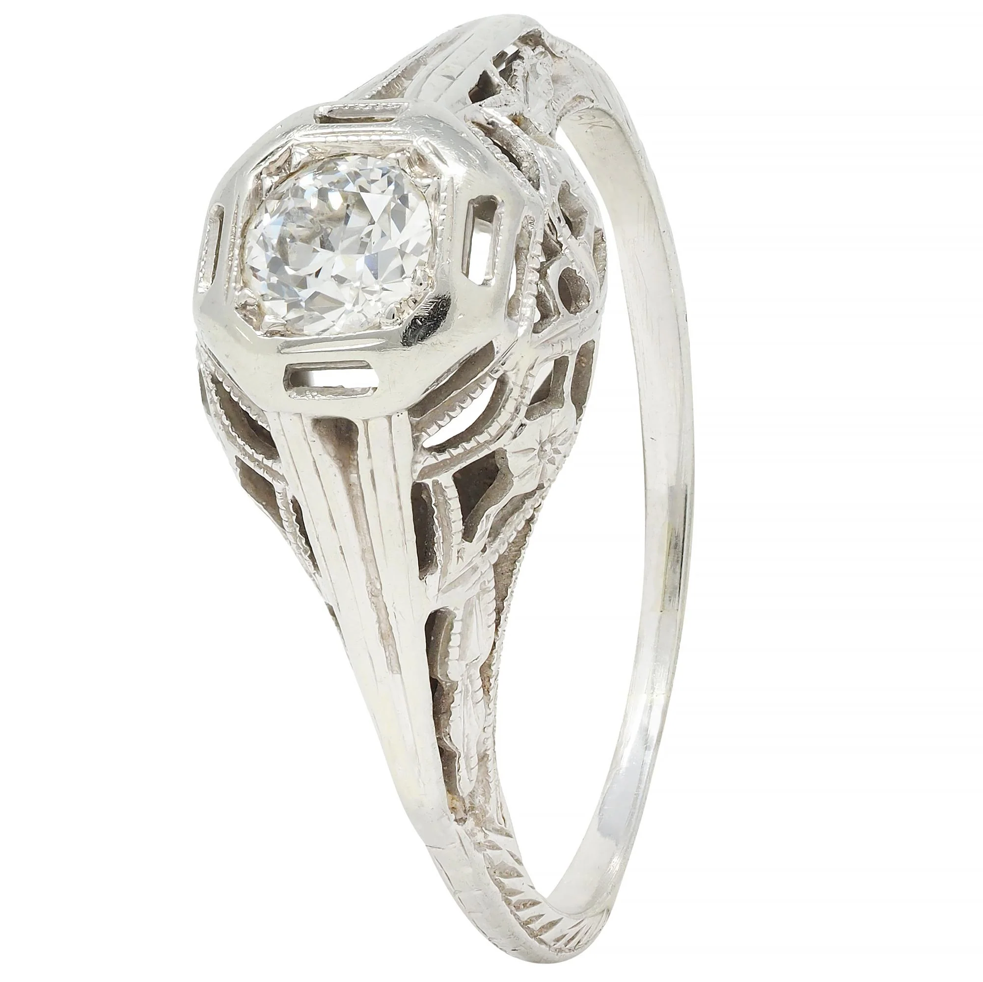 Art Deco 0.30 CTW Old European Diamond 18 Karat White Gold Orange Blossom Engagement Ring - Image 8