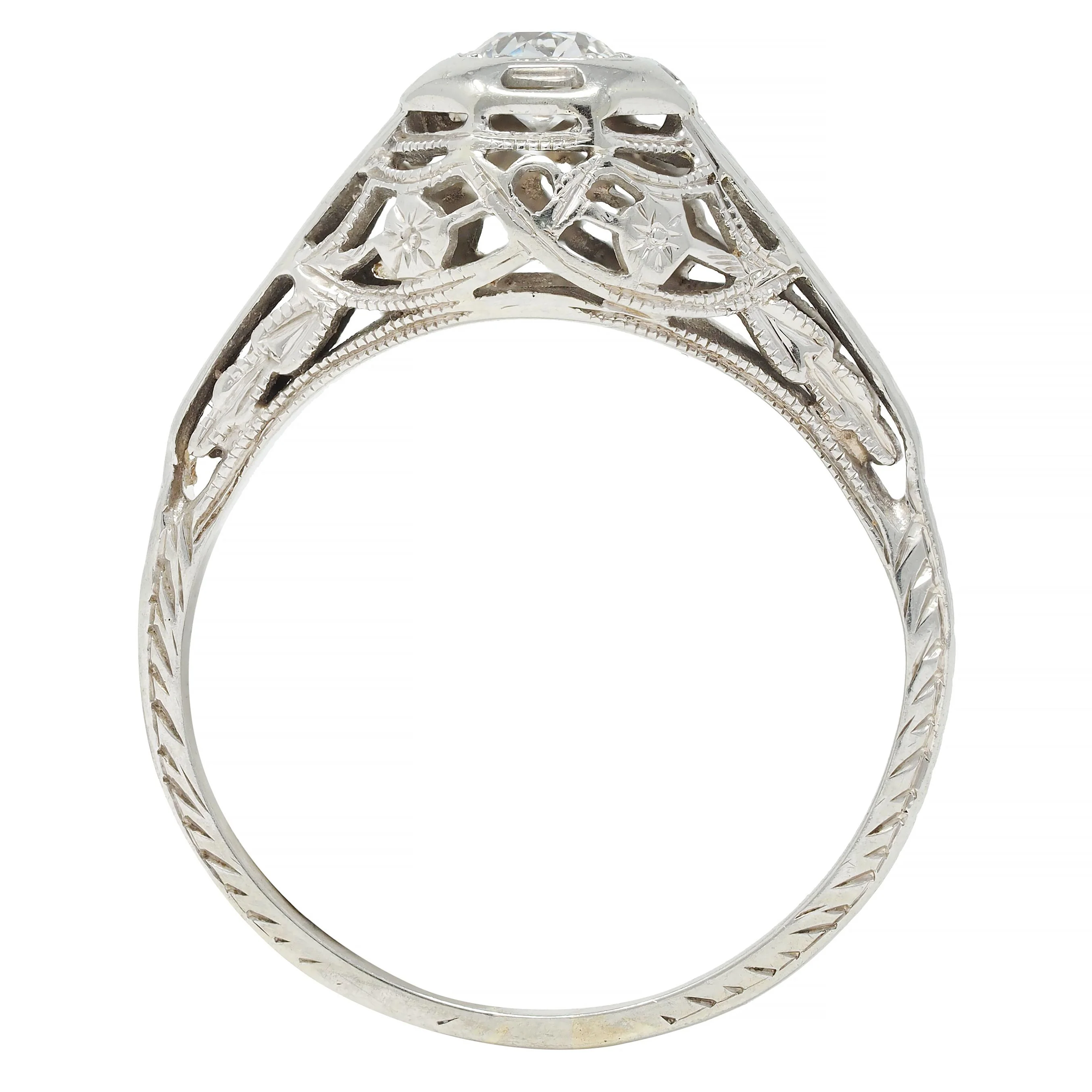 Art Deco 0.30 CTW Old European Diamond 18 Karat White Gold Orange Blossom Engagement Ring - Image 9