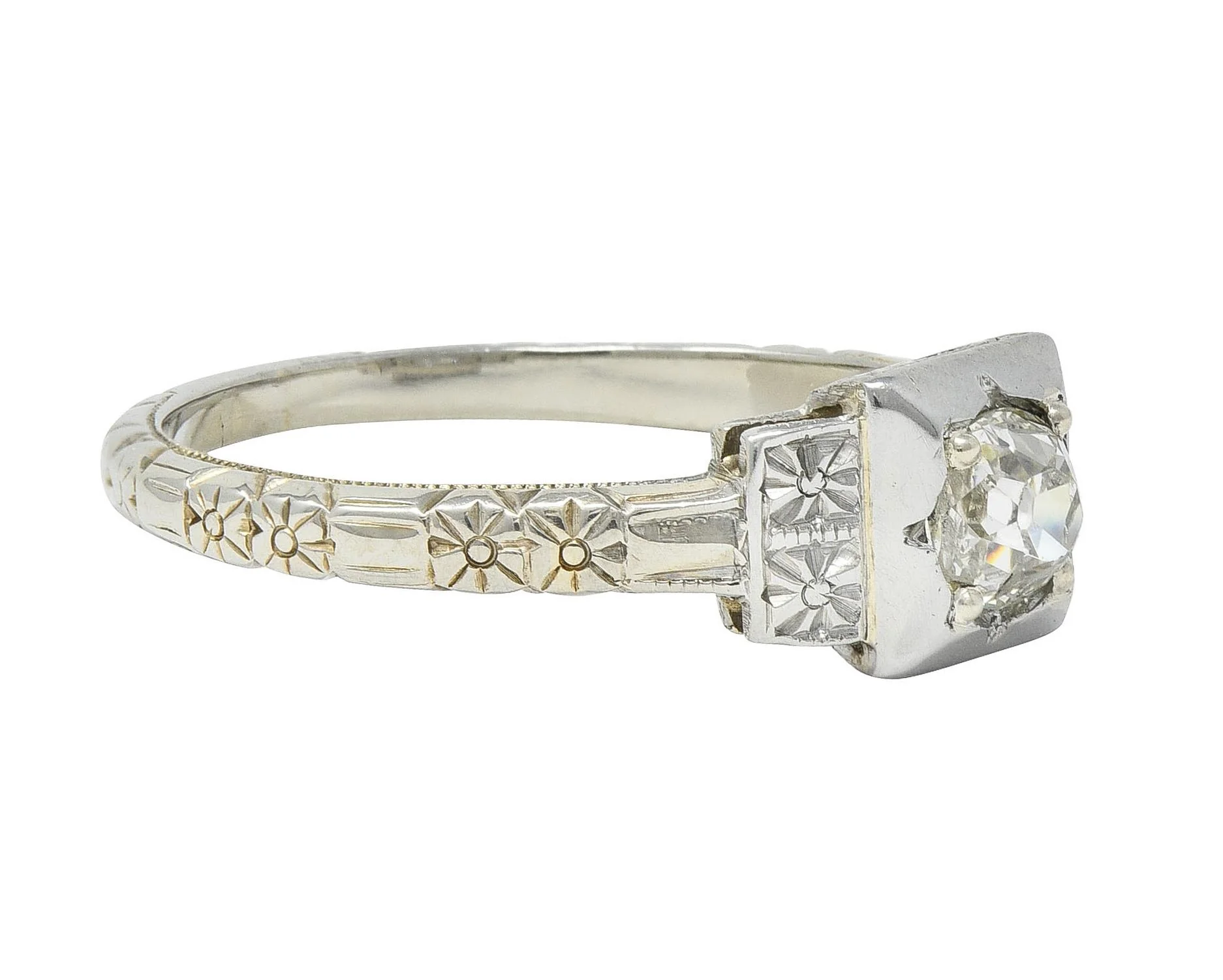 Art Deco 0.31 CTW Old Mine Cut Diamond 18 Karat White Gold Vintage Orange Blossom Engagement Ring - Image 2
