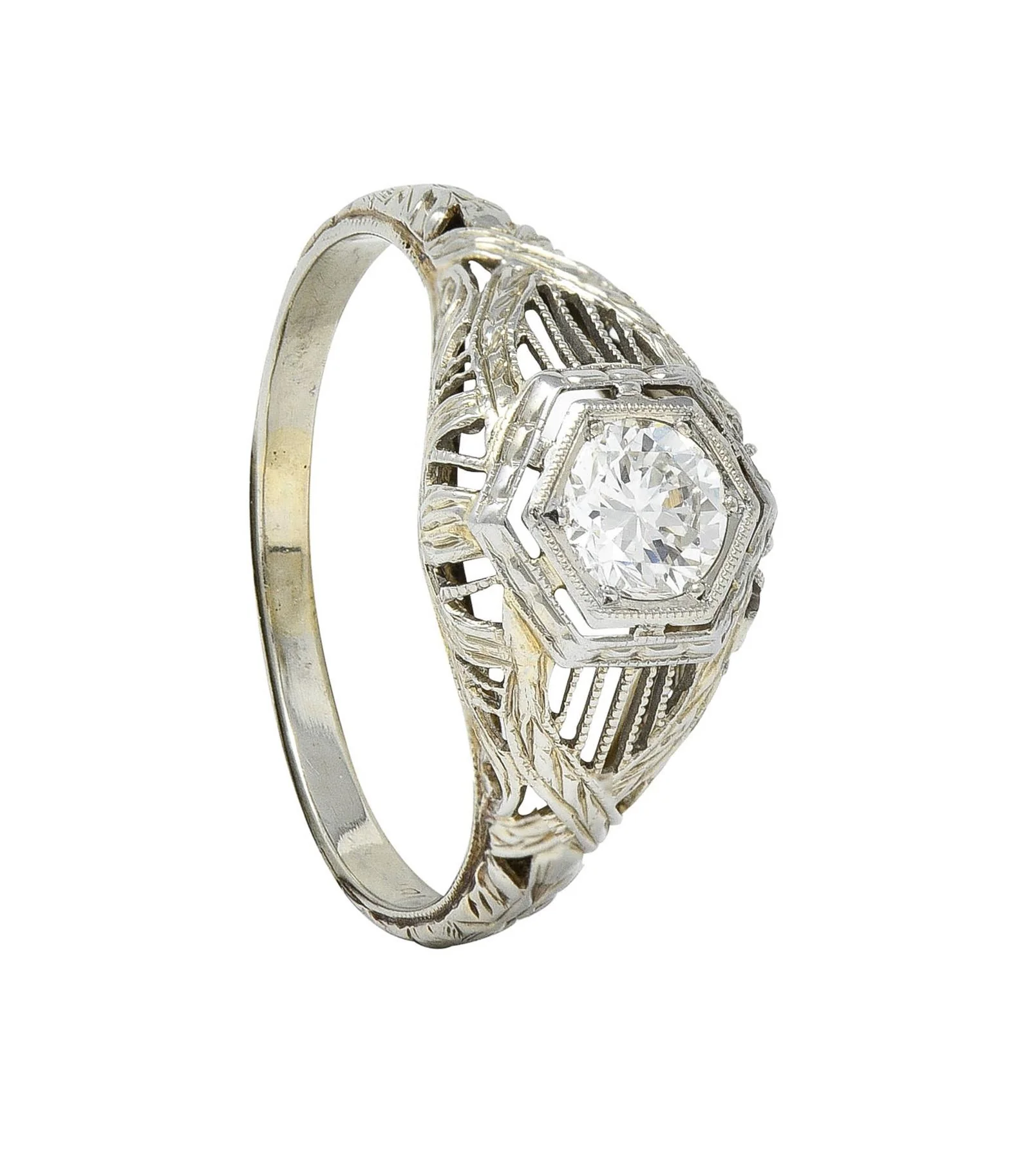 Art Deco 0.33 CTW Diamond 18 Karat White Gold Wheat Hexagonal Engagement Ring - Image 11