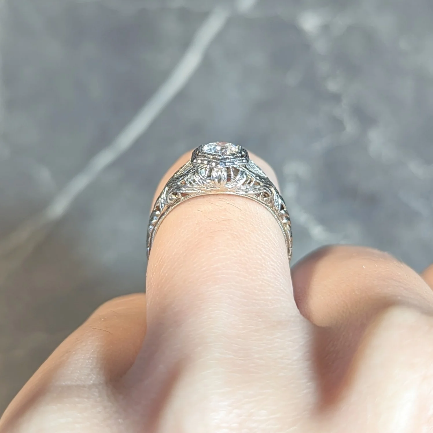 Art Deco 0.33 CTW Diamond 18 Karat White Gold Wheat Hexagonal Engagement Ring - Image 13