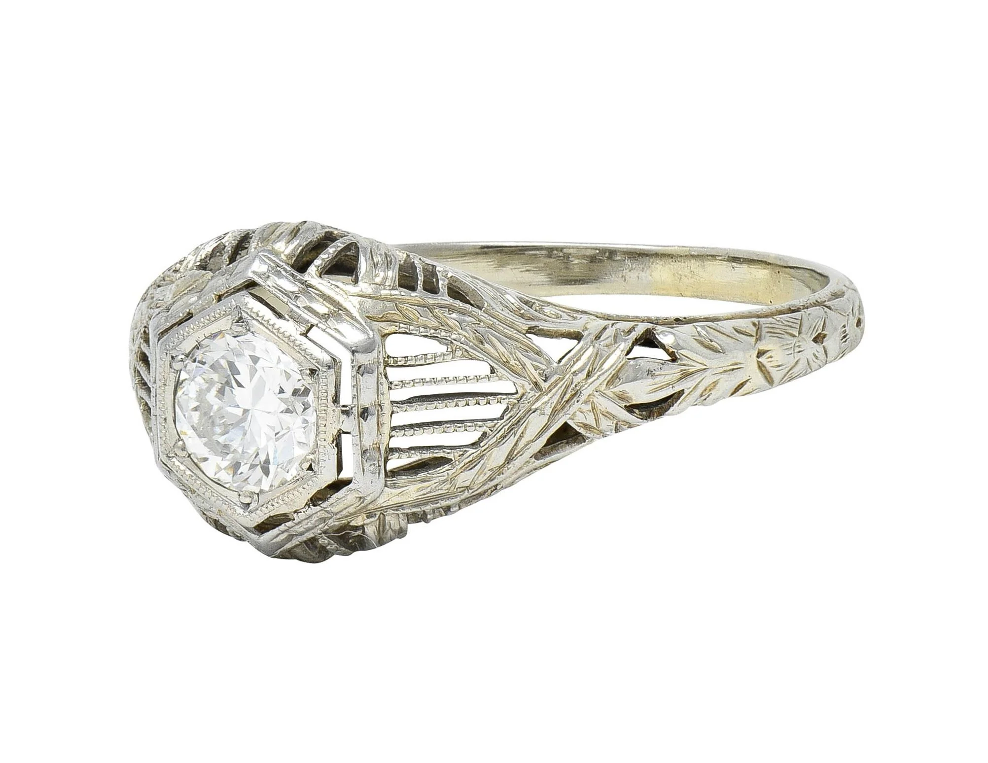 Art Deco 0.33 CTW Diamond 18 Karat White Gold Wheat Hexagonal Engagement Ring - Image 6
