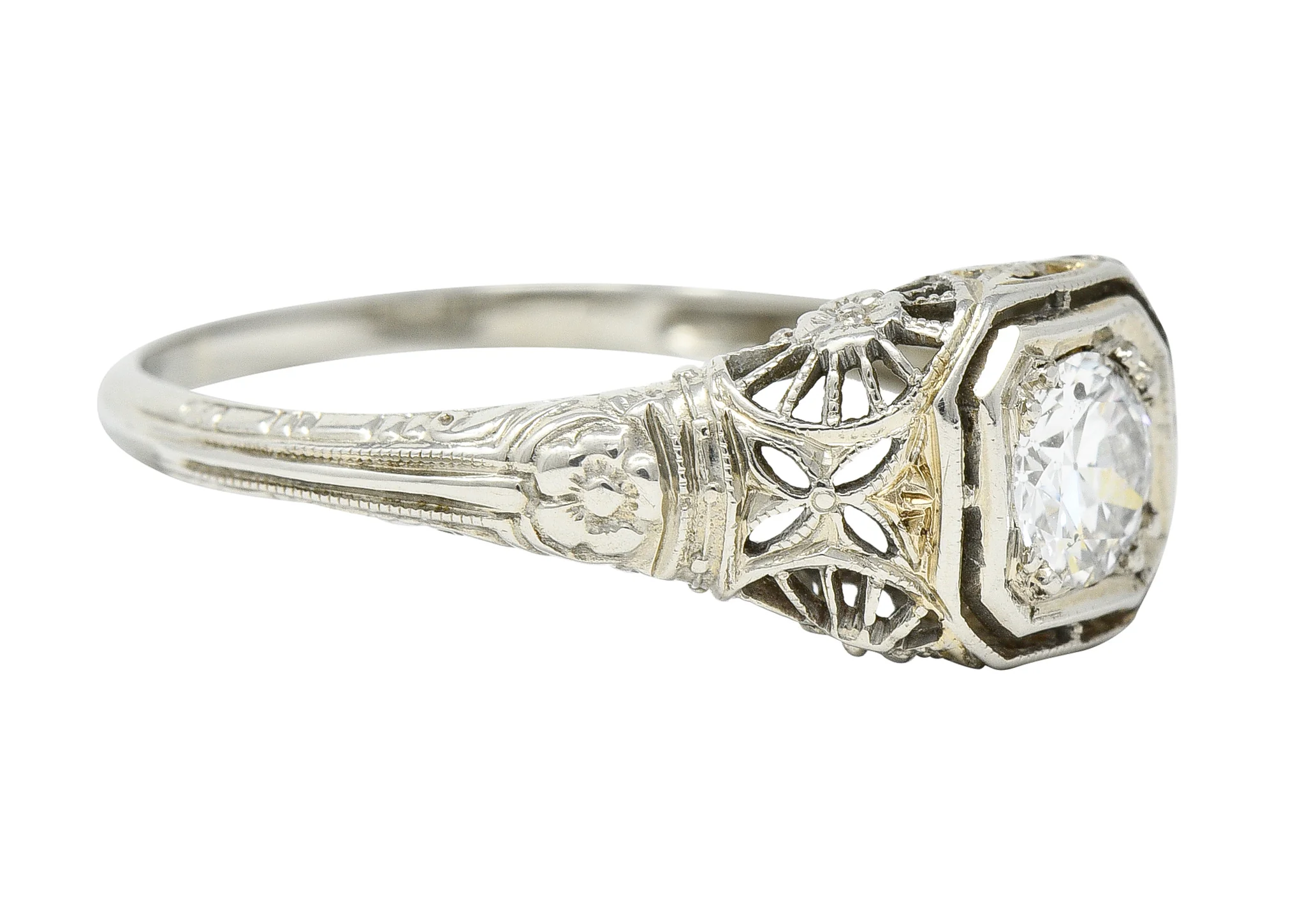 Art Deco 0.34 CTW Diamond 18 Karat White Gold Orange Blossom Floral Engagement Ring - Image 2