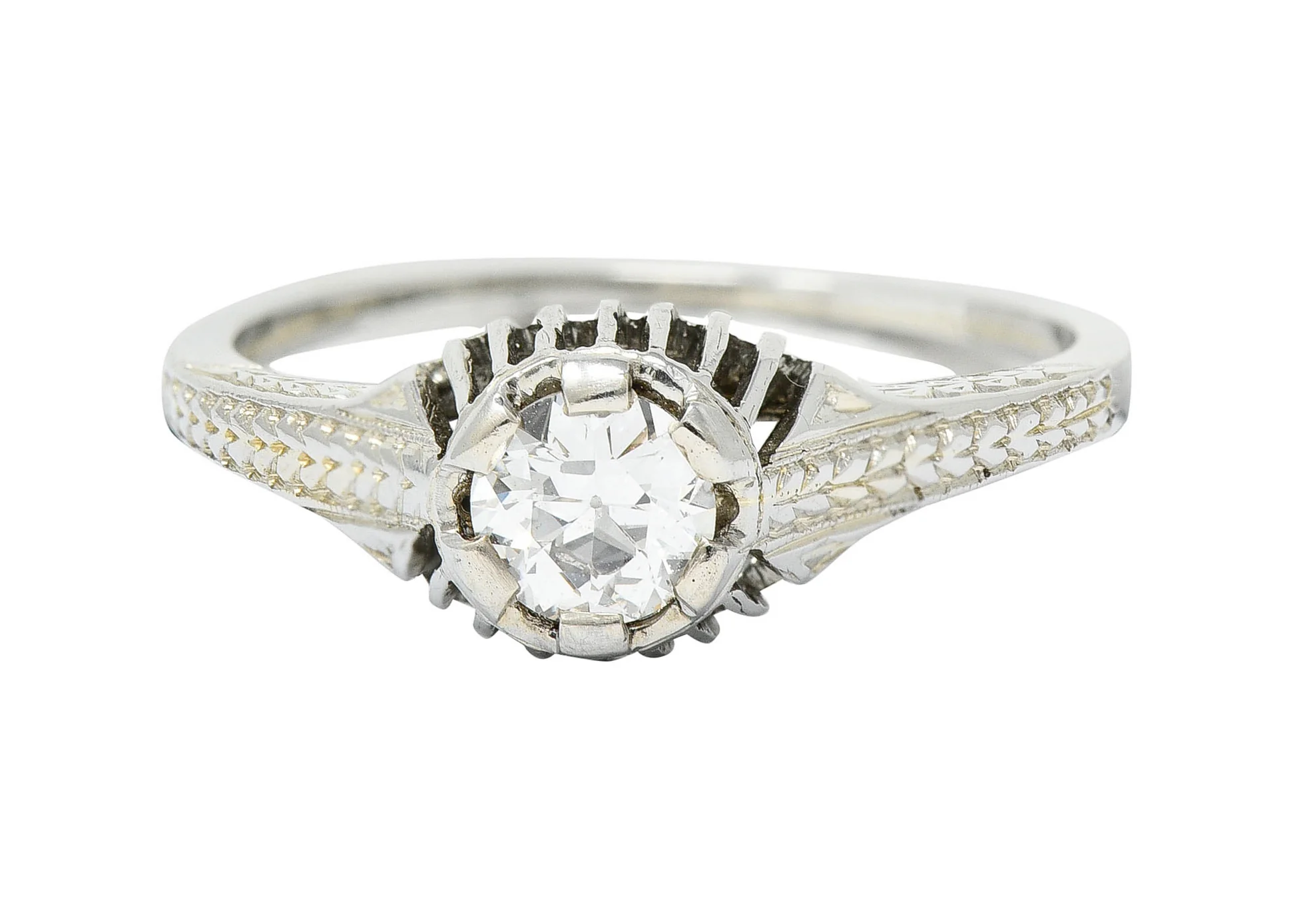 Art Deco 0.35 CTW Diamond 18 Karat White Gold Foliate Engagement Ring
