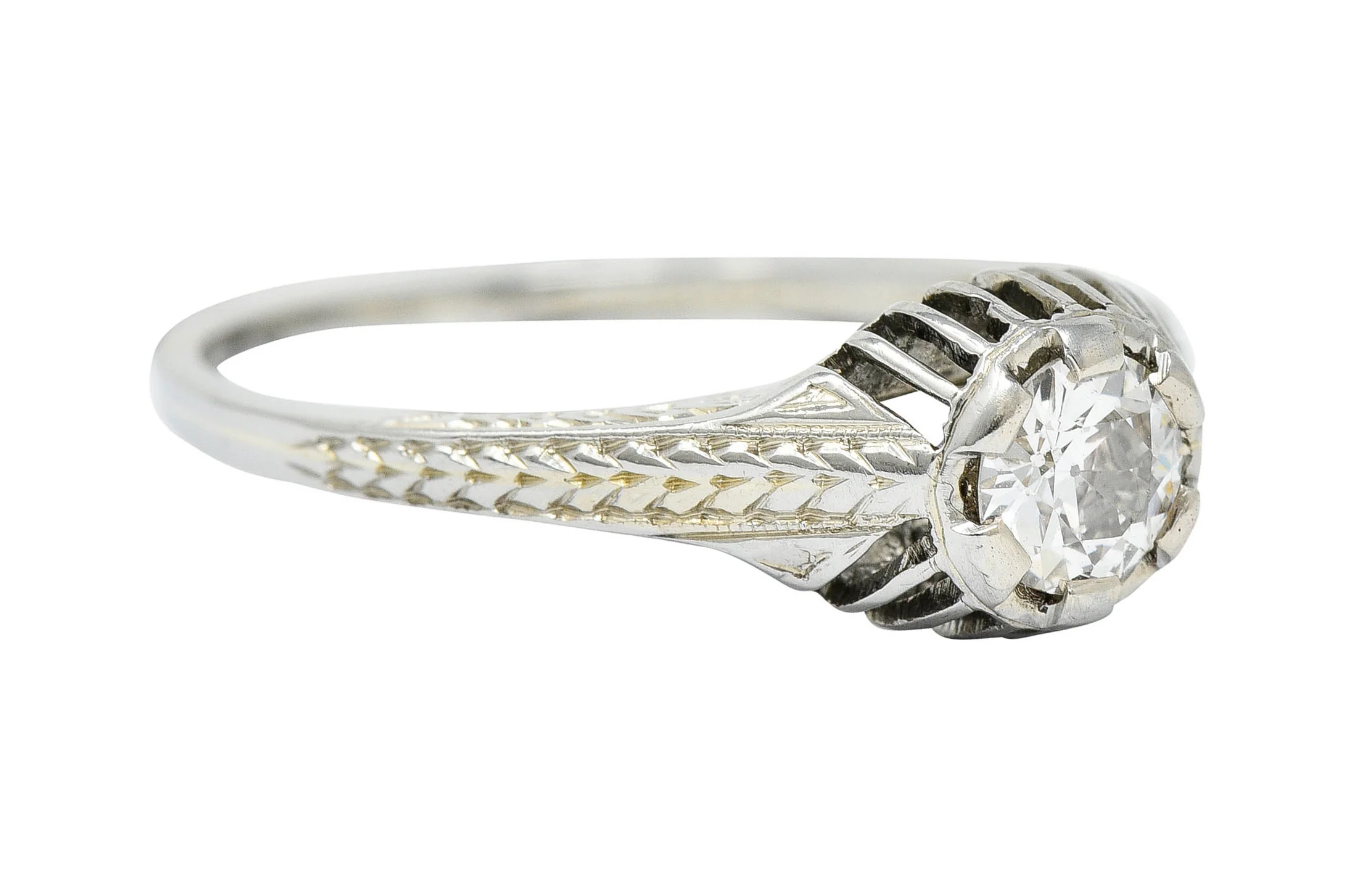 Art Deco 0.35 CTW Diamond 18 Karat White Gold Foliate Engagement Ring - Image 3