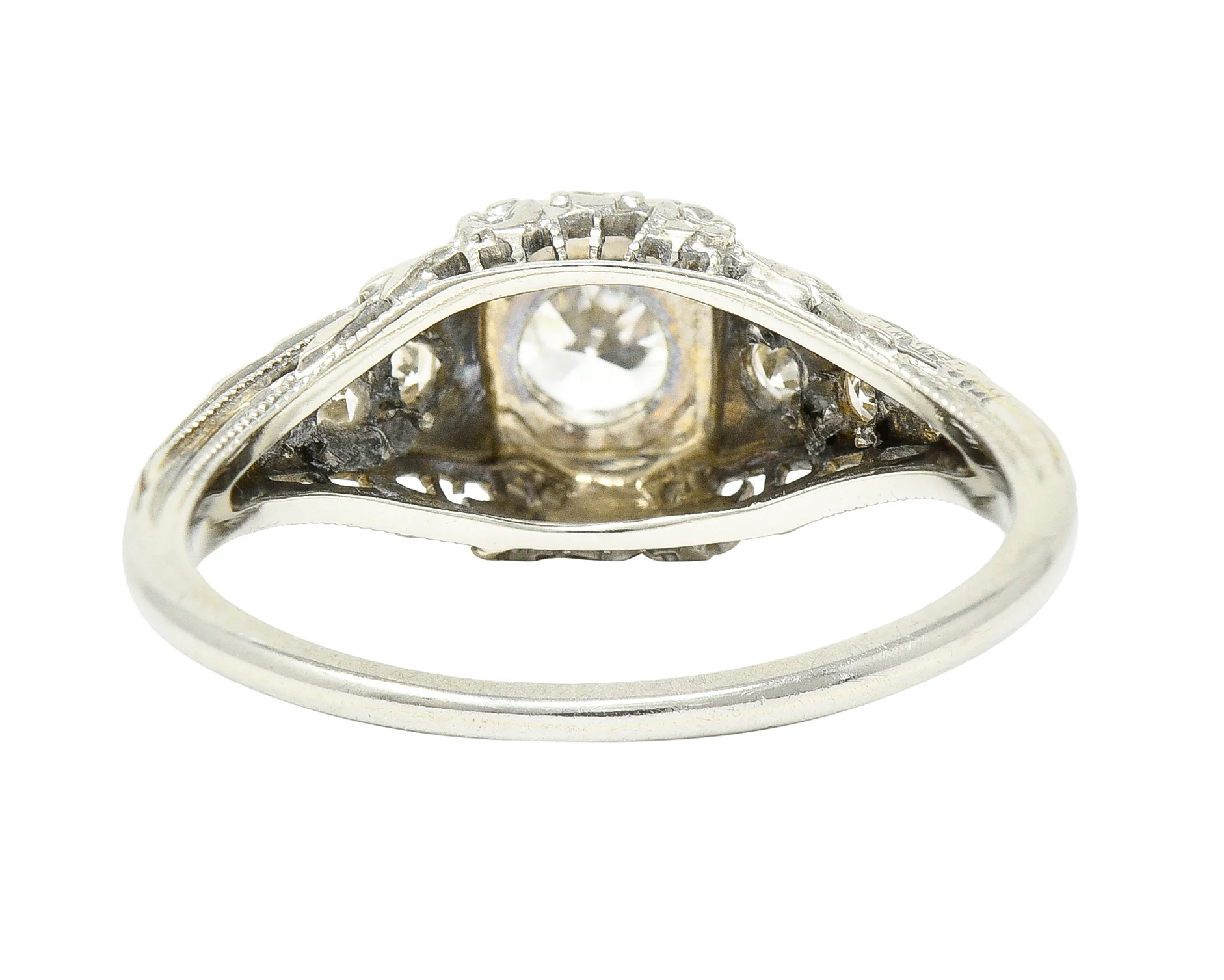 Art Deco 0.36 CTW European Cut Diamond 18 Karat White Gold Garland Vintage Engagement Ring - Image 5