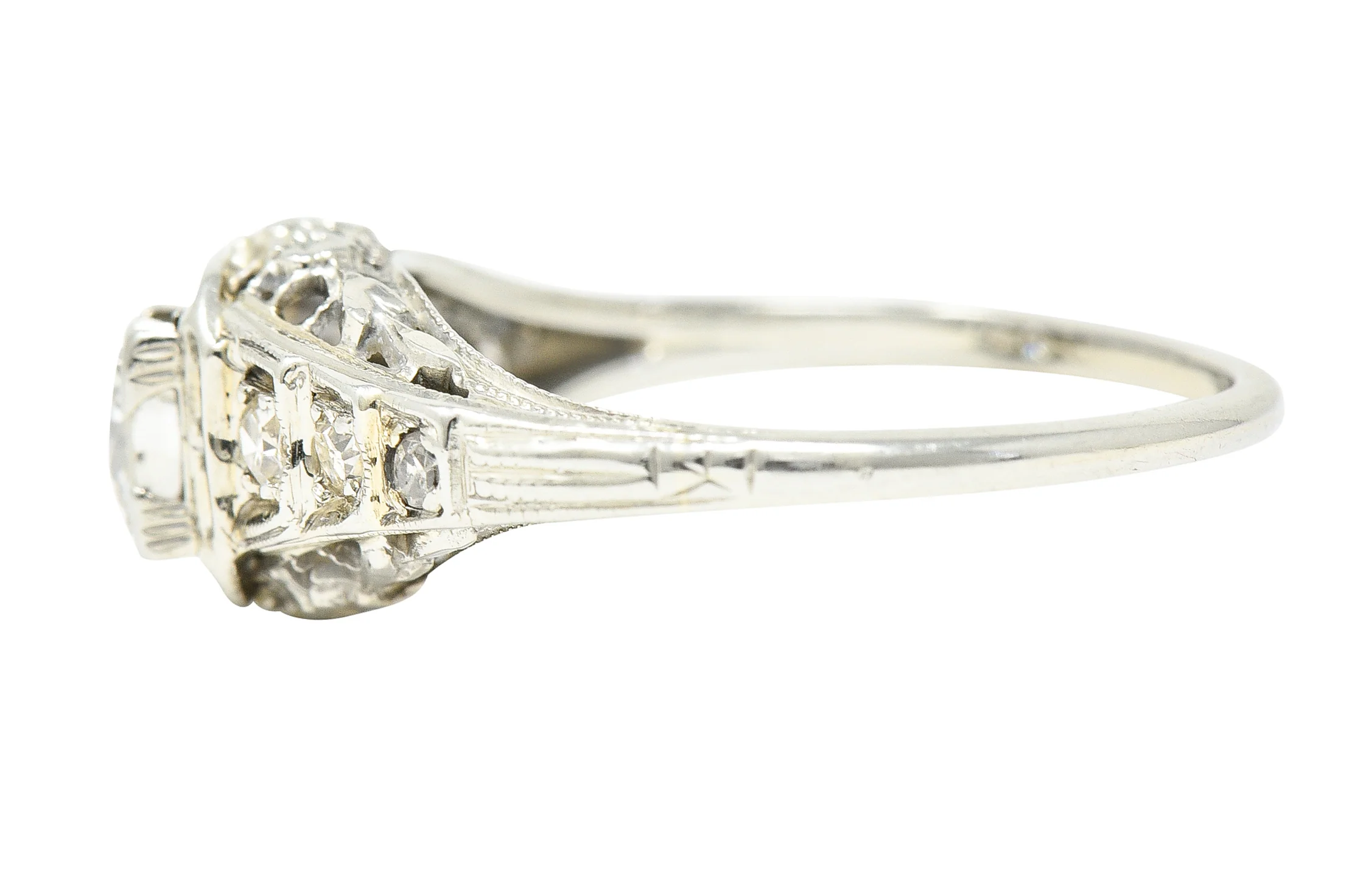Art Deco 0.36 CTW European Cut Diamond 18 Karat White Gold Garland Vintage Engagement Ring - Image 6