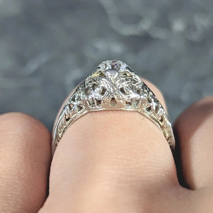 Art Deco 0.39 CTW Old European Cut Diamond 18 Karat White Gold Woven Wheat Engagement Ring - Image 10