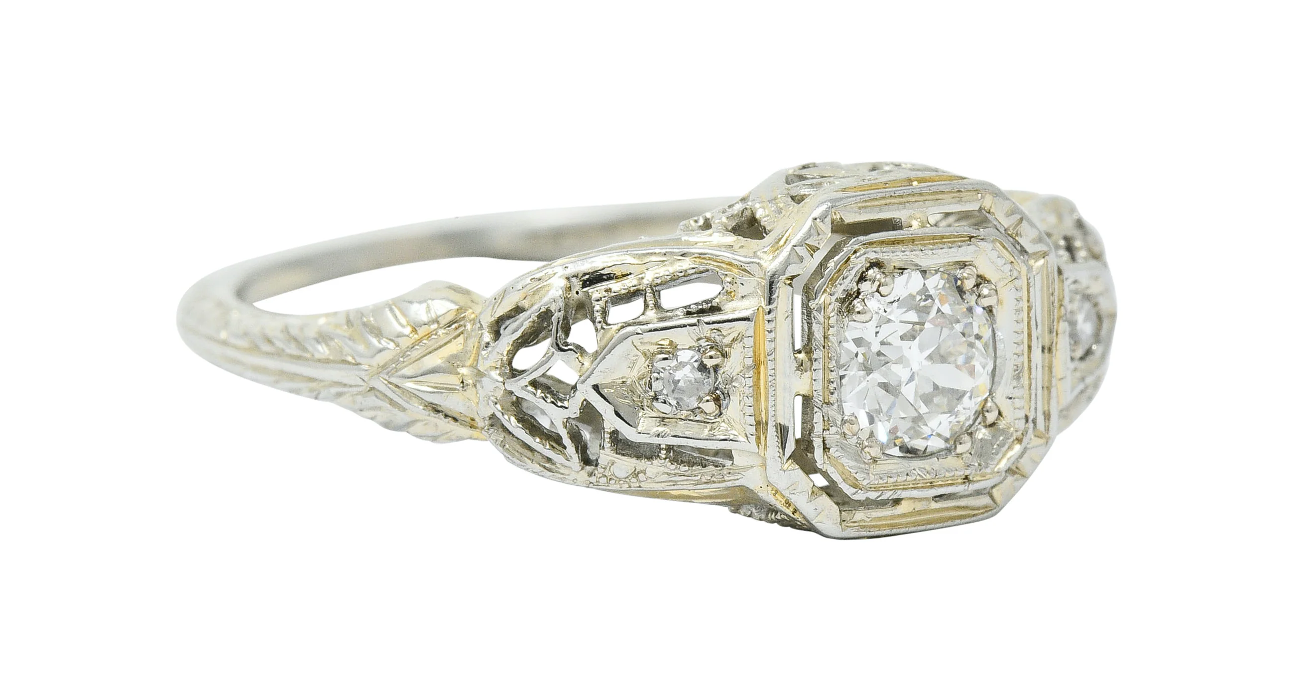 Art Deco 0.40 CTW Diamond 18 Karat White Gold Cushion Engagement Ring - Image 2