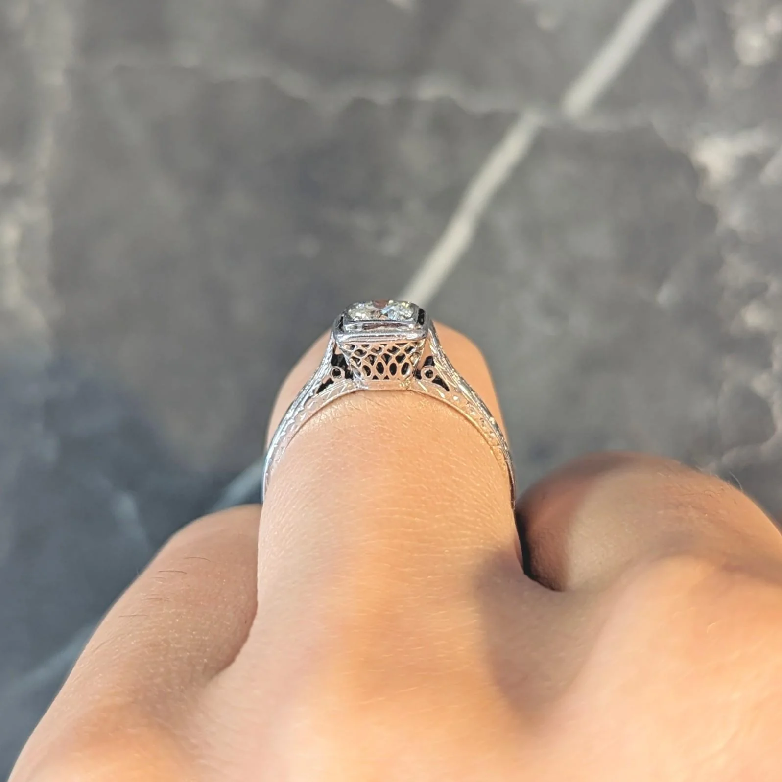 Art Deco 0.40 CTW Transitional Diamond 18 Karat White Gold Vintage Trellis Engagement Ring - Image 11