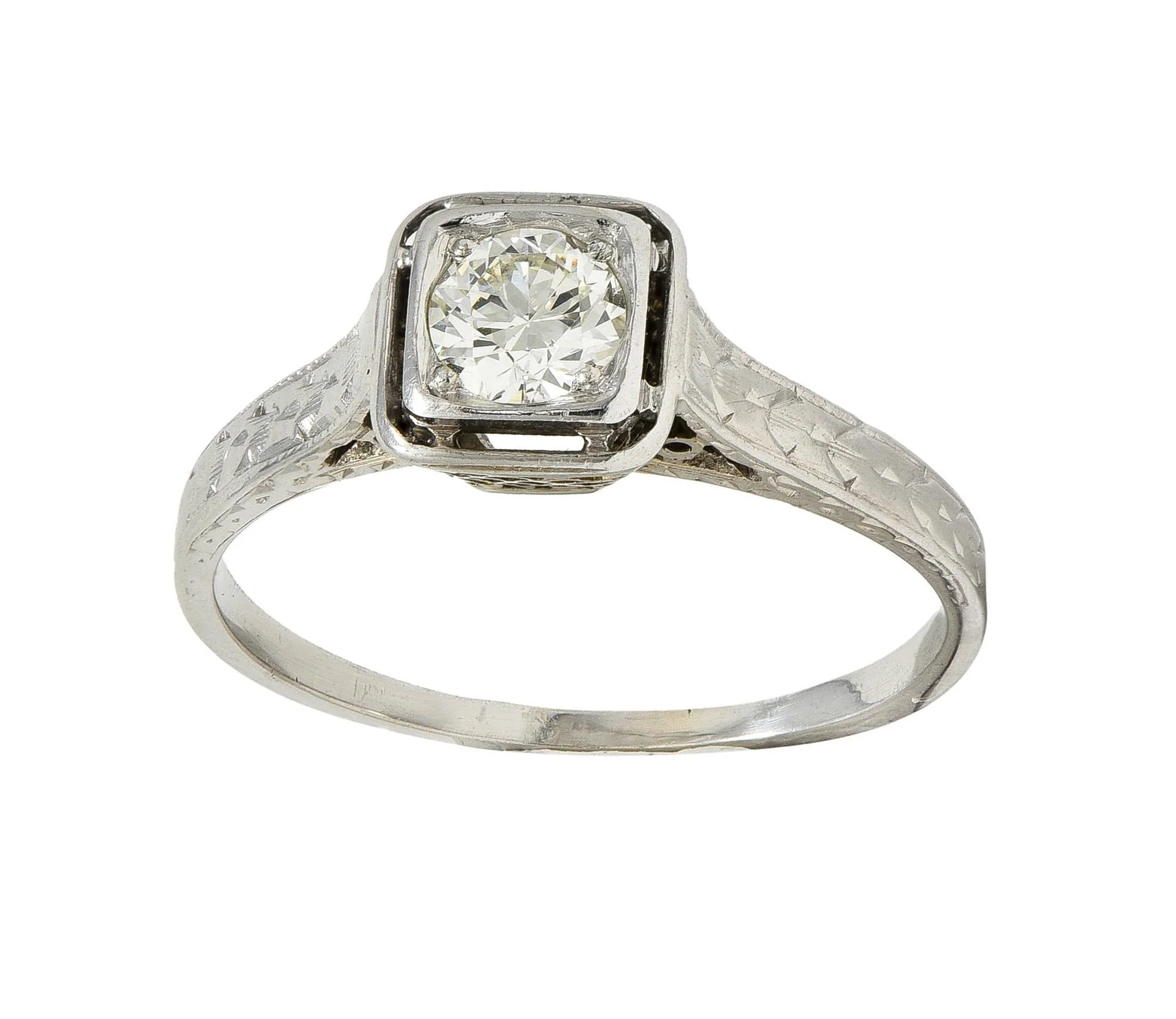 Art Deco 0.40 CTW Transitional Diamond 18 Karat White Gold Vintage Trellis Engagement Ring - Image 7